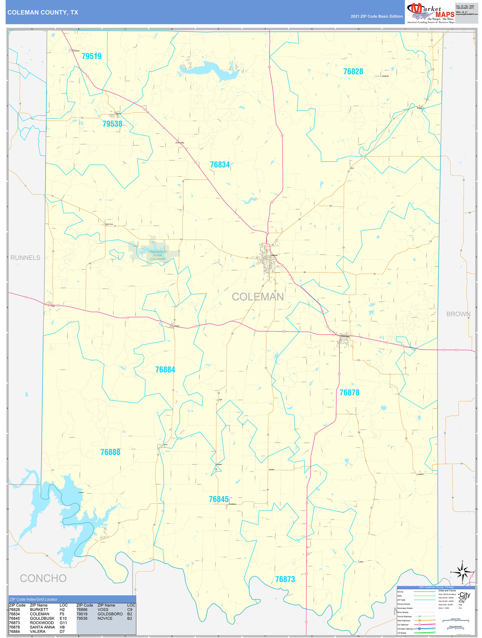 Coleman County, TX Zip Code Wall Map Basic Style by MarketMAPS MapSales