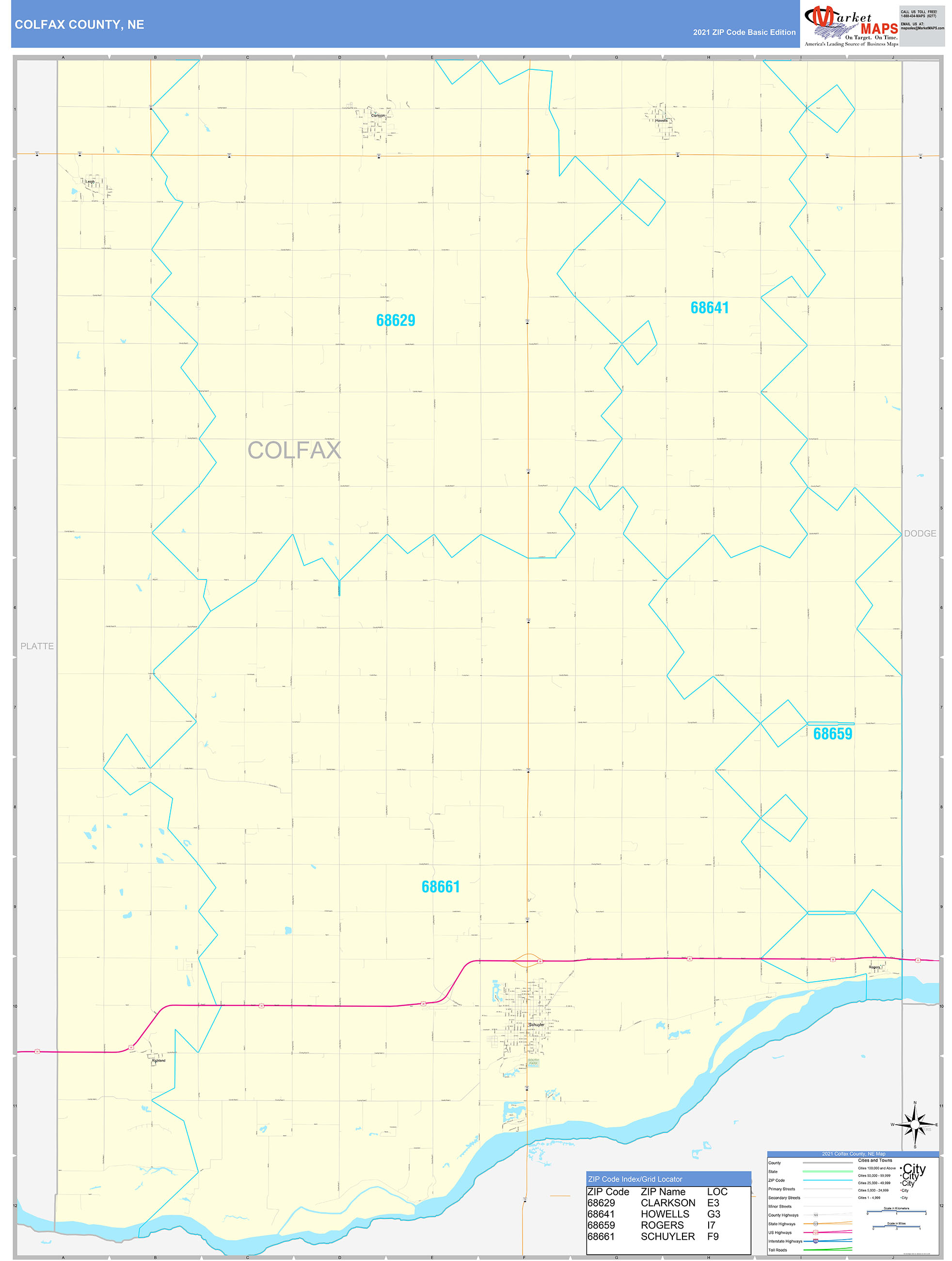 Colfax County, NE Zip Code Wall Map Basic Style by MarketMAPS
