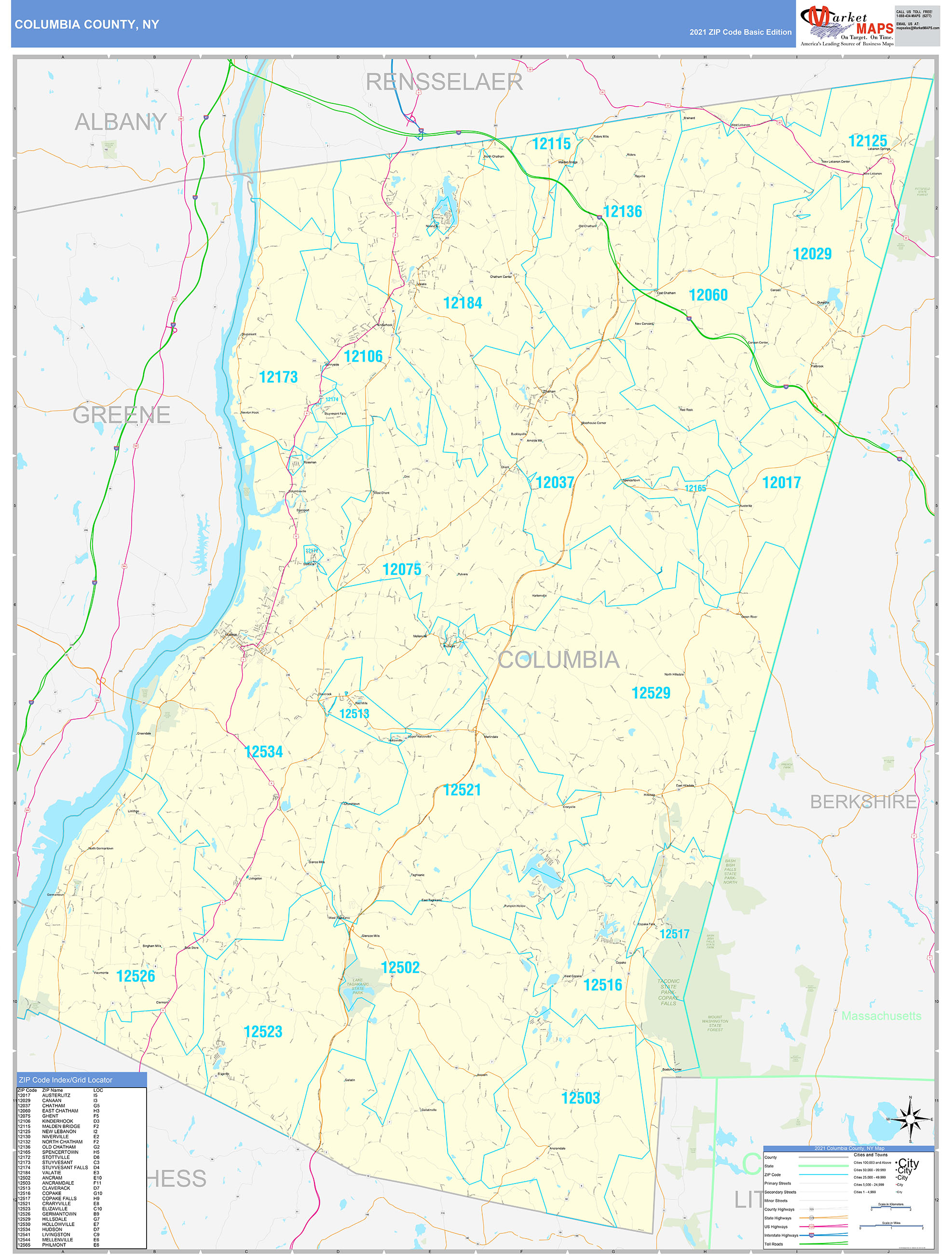 Columbia County, NY Zip Code Wall Map Basic Style by MarketMAPS MapSales