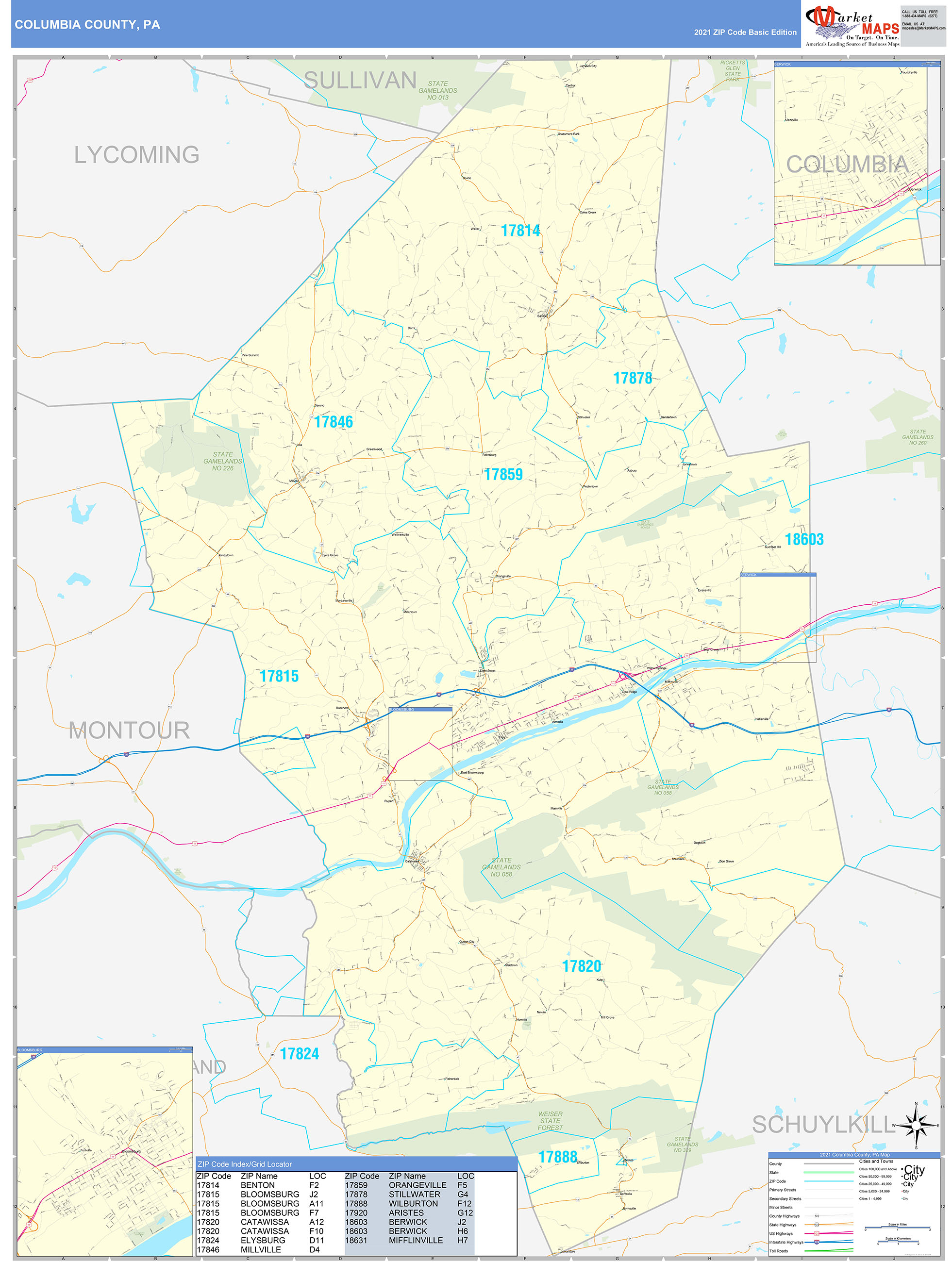 Columbia County, PA Zip Code Wall Map Basic Style by MarketMAPS MapSales