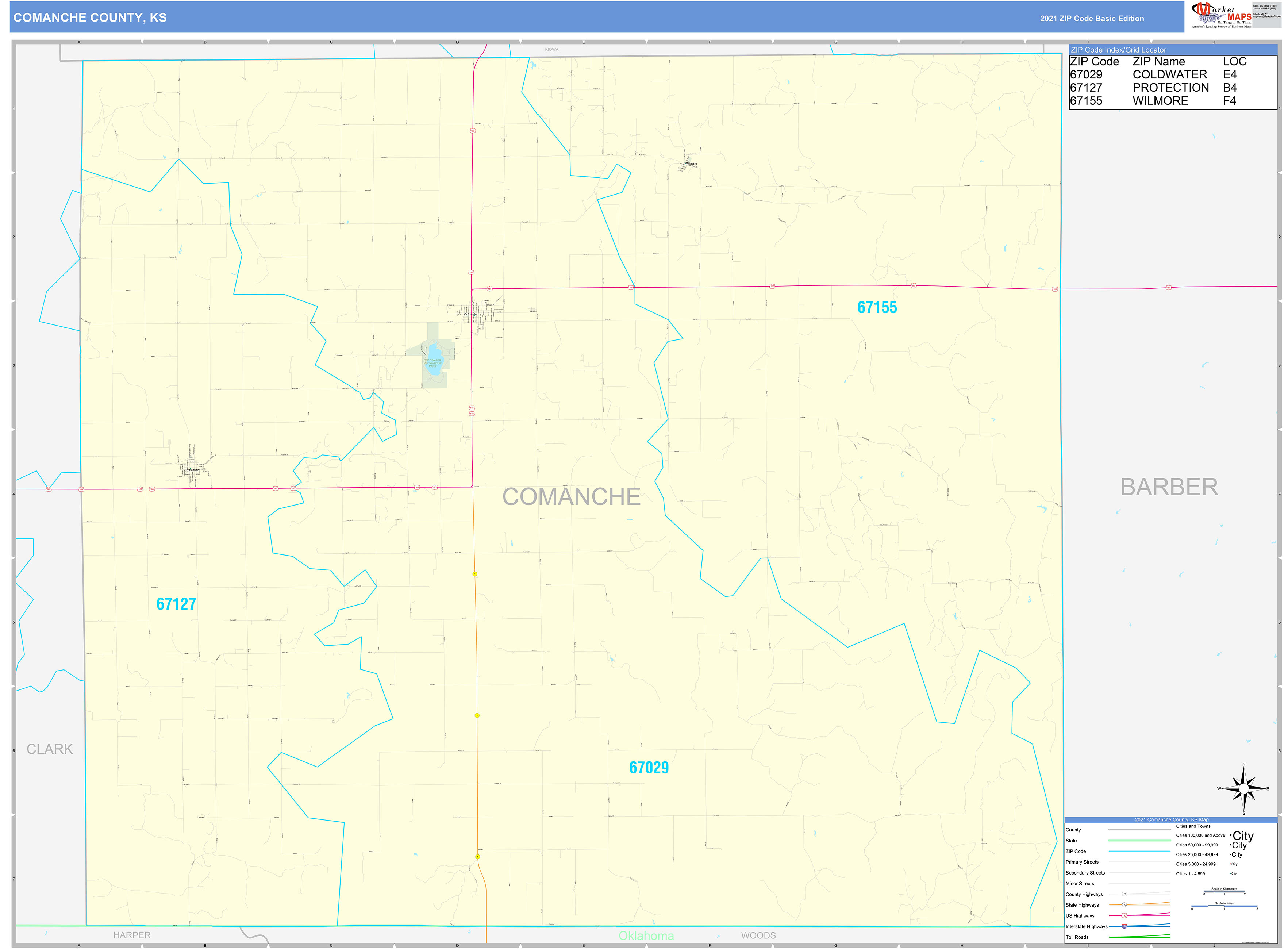 Comanche County, KS Zip Code Wall Map Basic Style by MarketMAPS