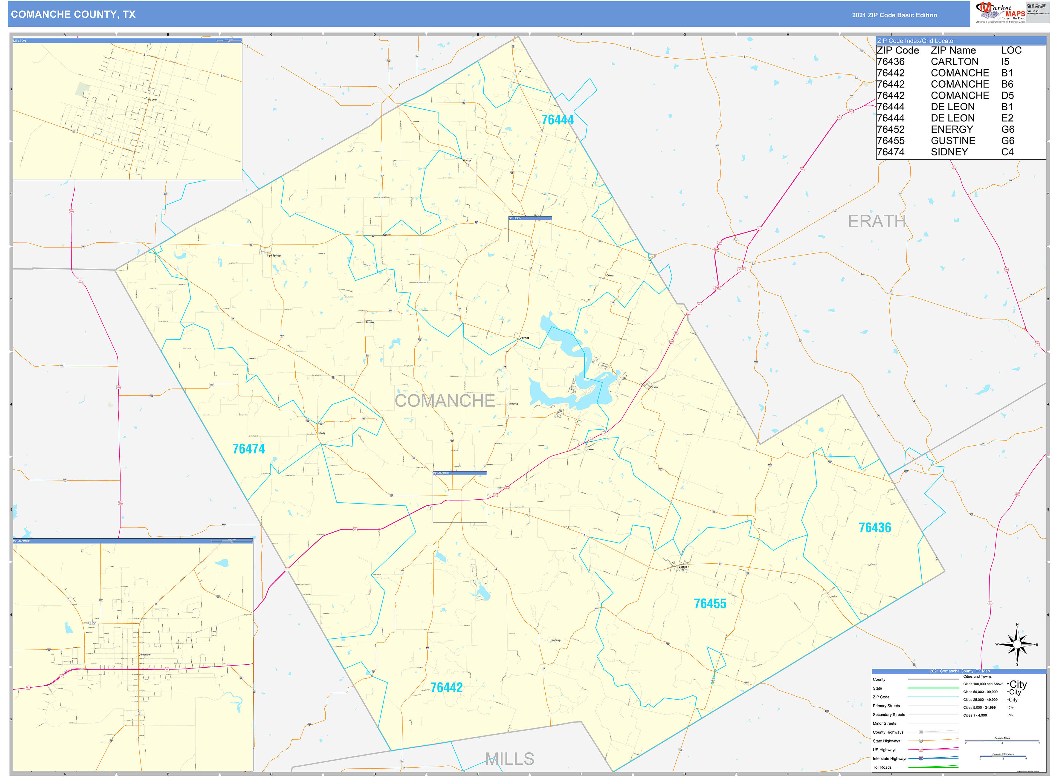 Comanche County, TX Zip Code Wall Map Basic Style by MarketMAPS MapSales