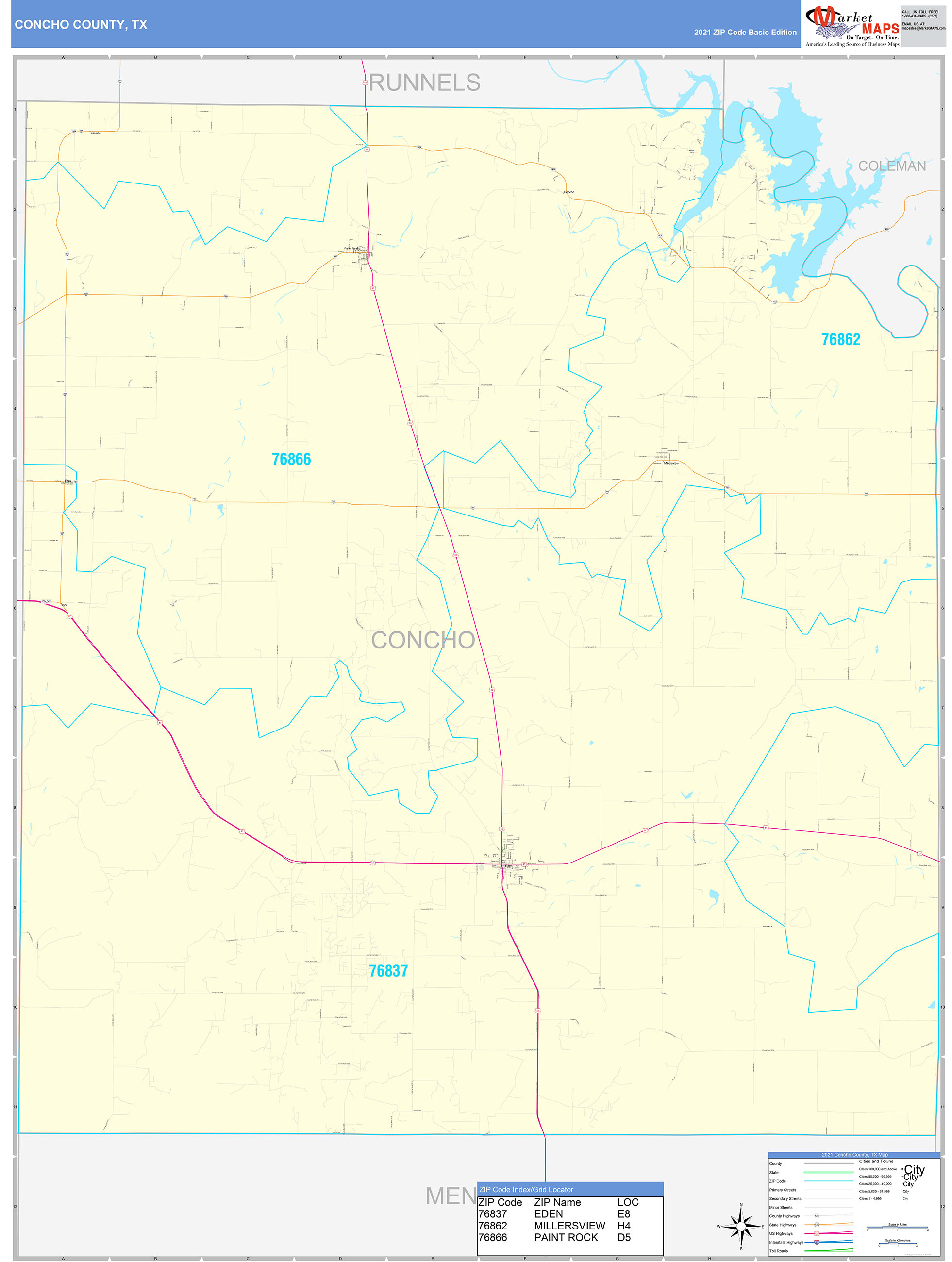 Concho County, TX Zip Code Wall Map Basic Style by MarketMAPS