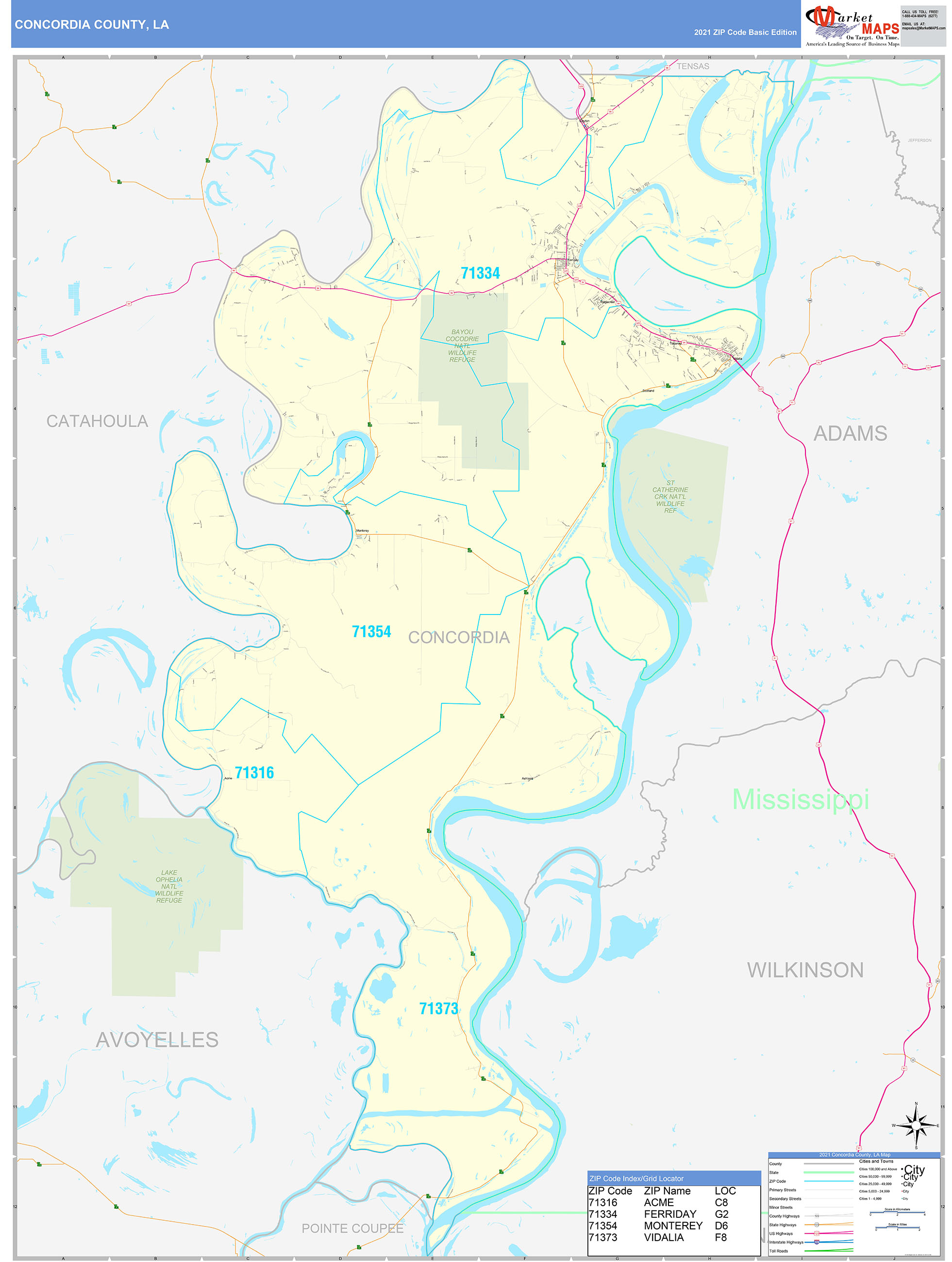 Concordia County, LA Zip Code Wall Map Basic Style by MarketMAPS