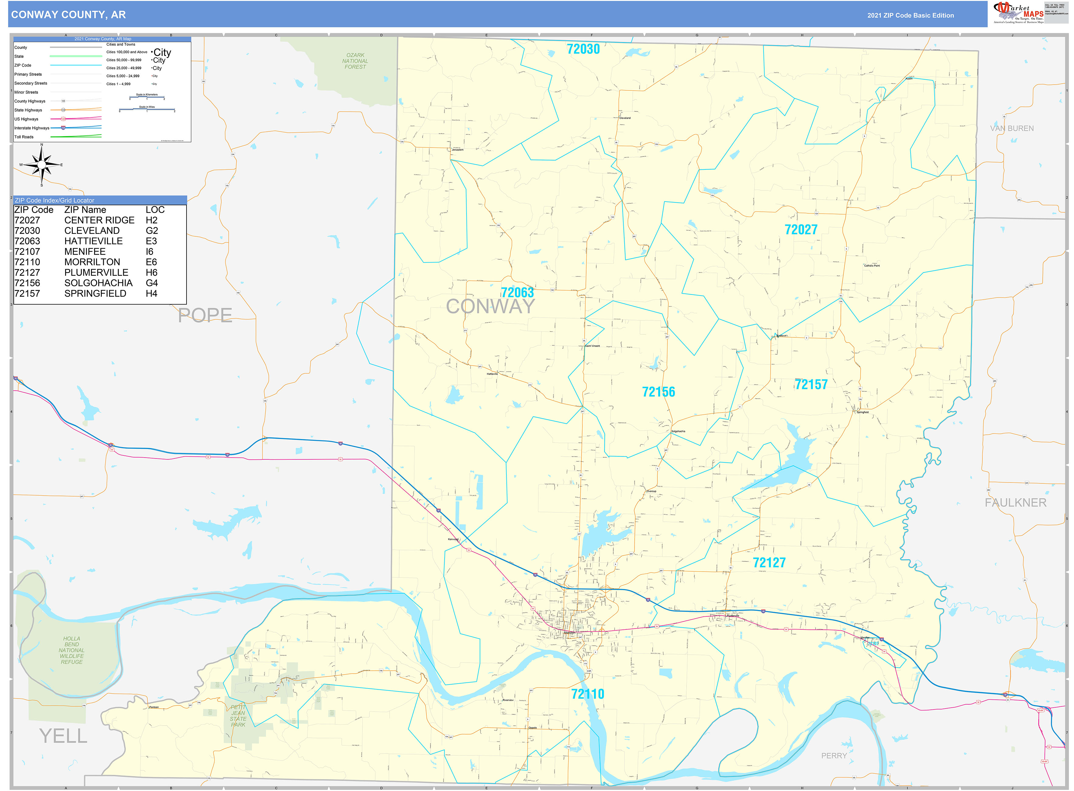Conway County, AR Zip Code Wall Map Basic Style by MarketMAPS