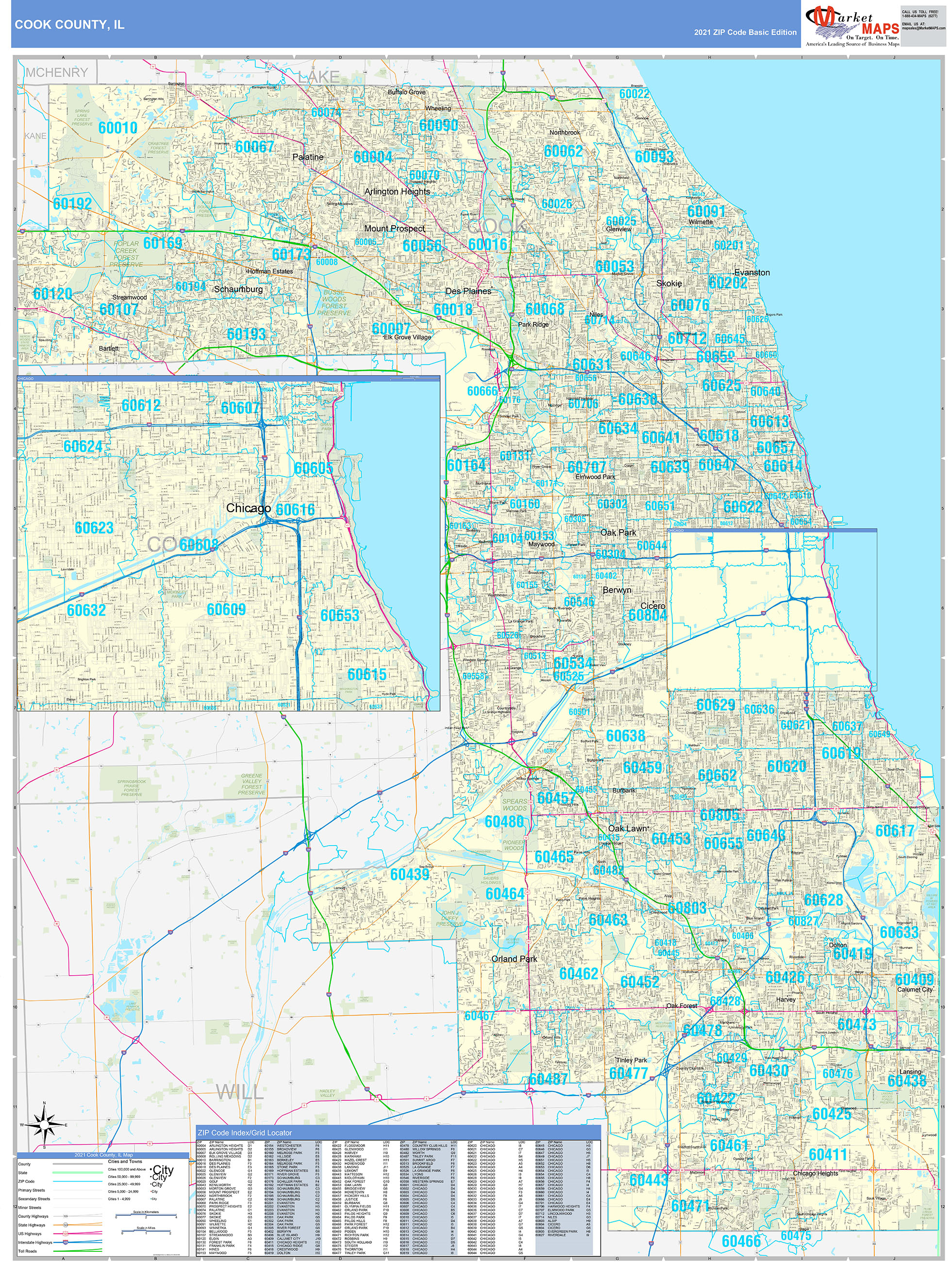 Cook County Il Zip Code Wall Map Basic Style By Marketmaps Mapsales