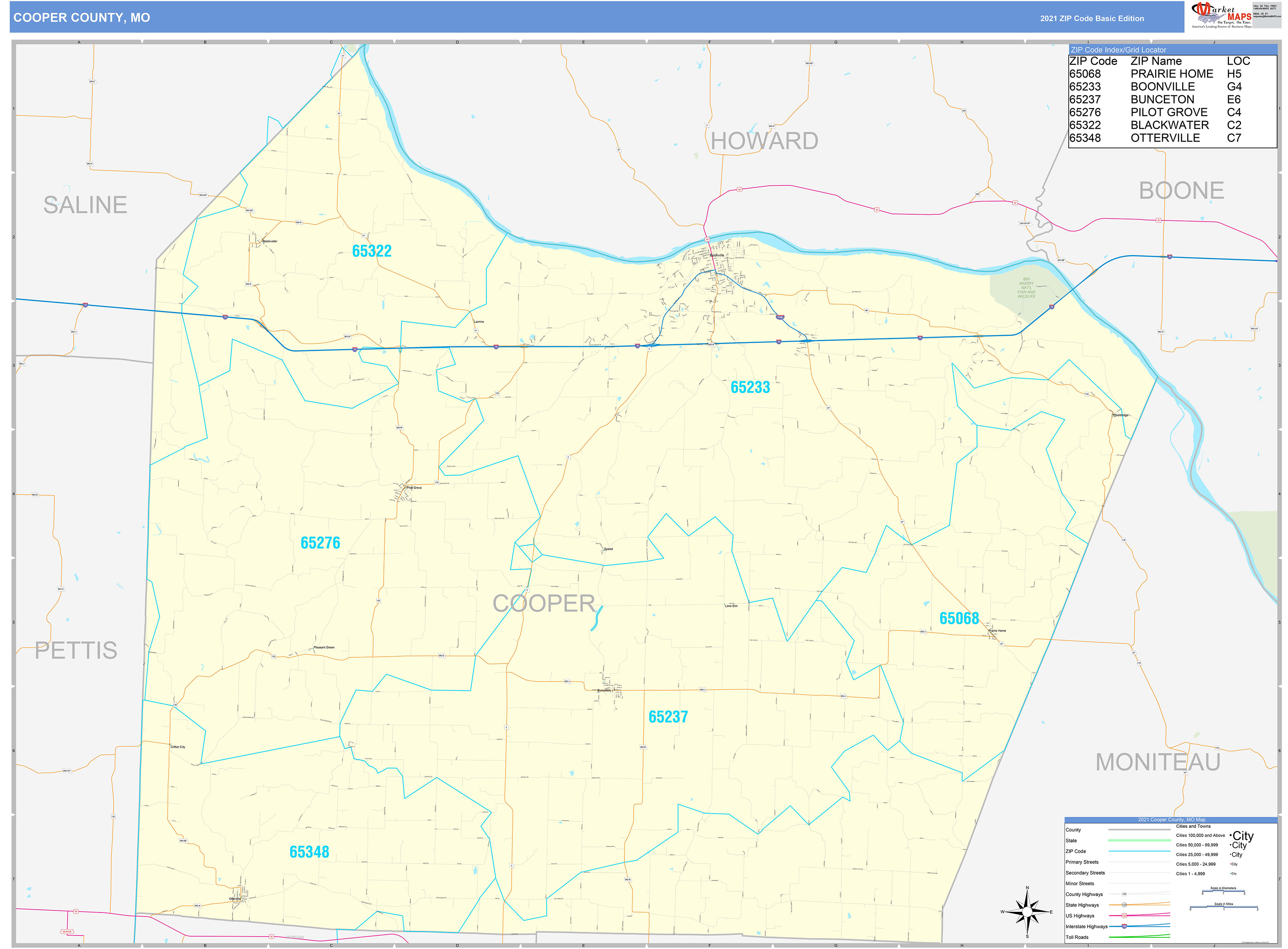 Cooper County, MO Zip Code Wall Map Basic Style by MarketMAPS