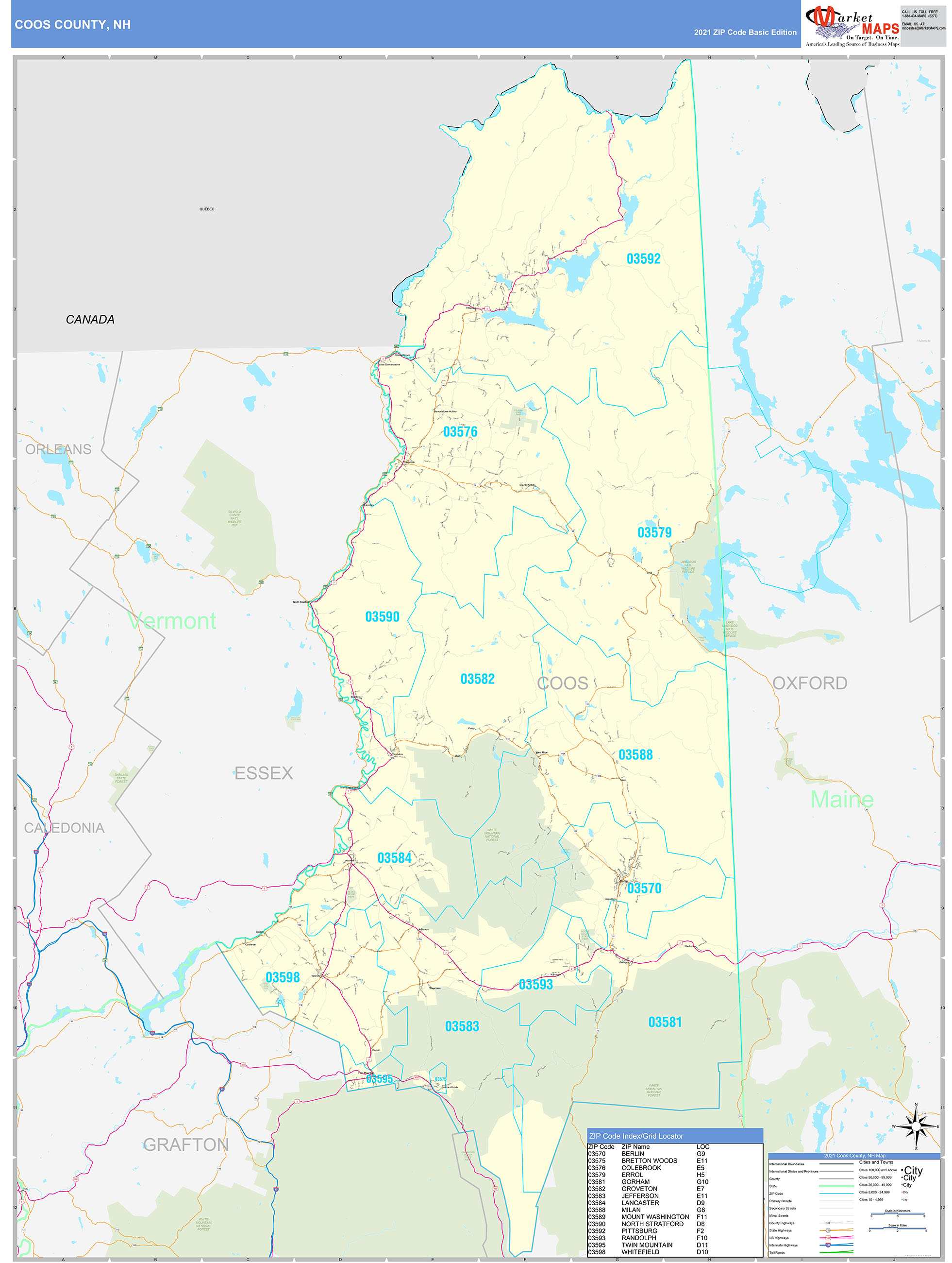 Coos County, NH Zip Code Wall Map Basic Style by MarketMAPS MapSales