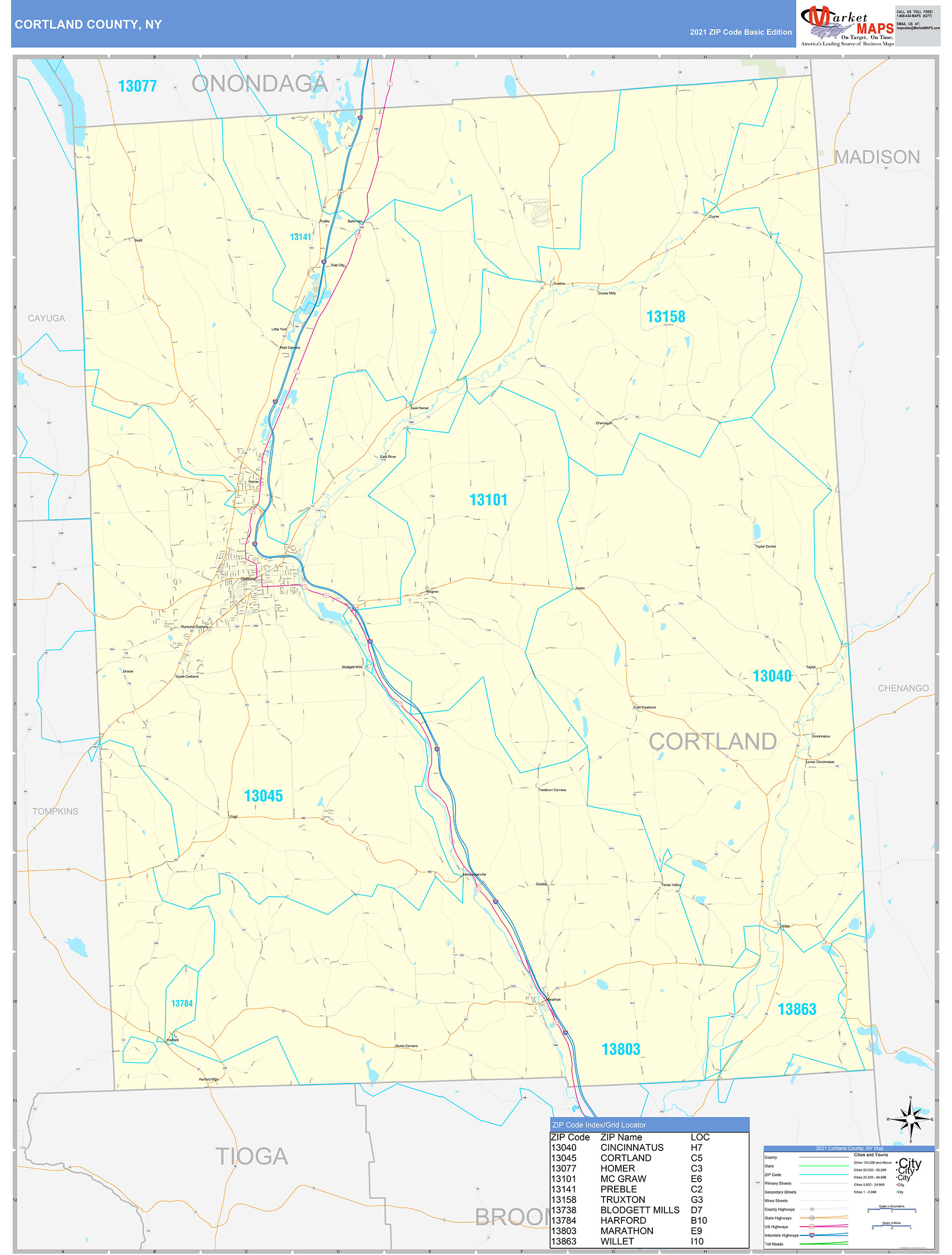 Cortland County, NY Zip Code Wall Map Basic Style by MarketMAPS