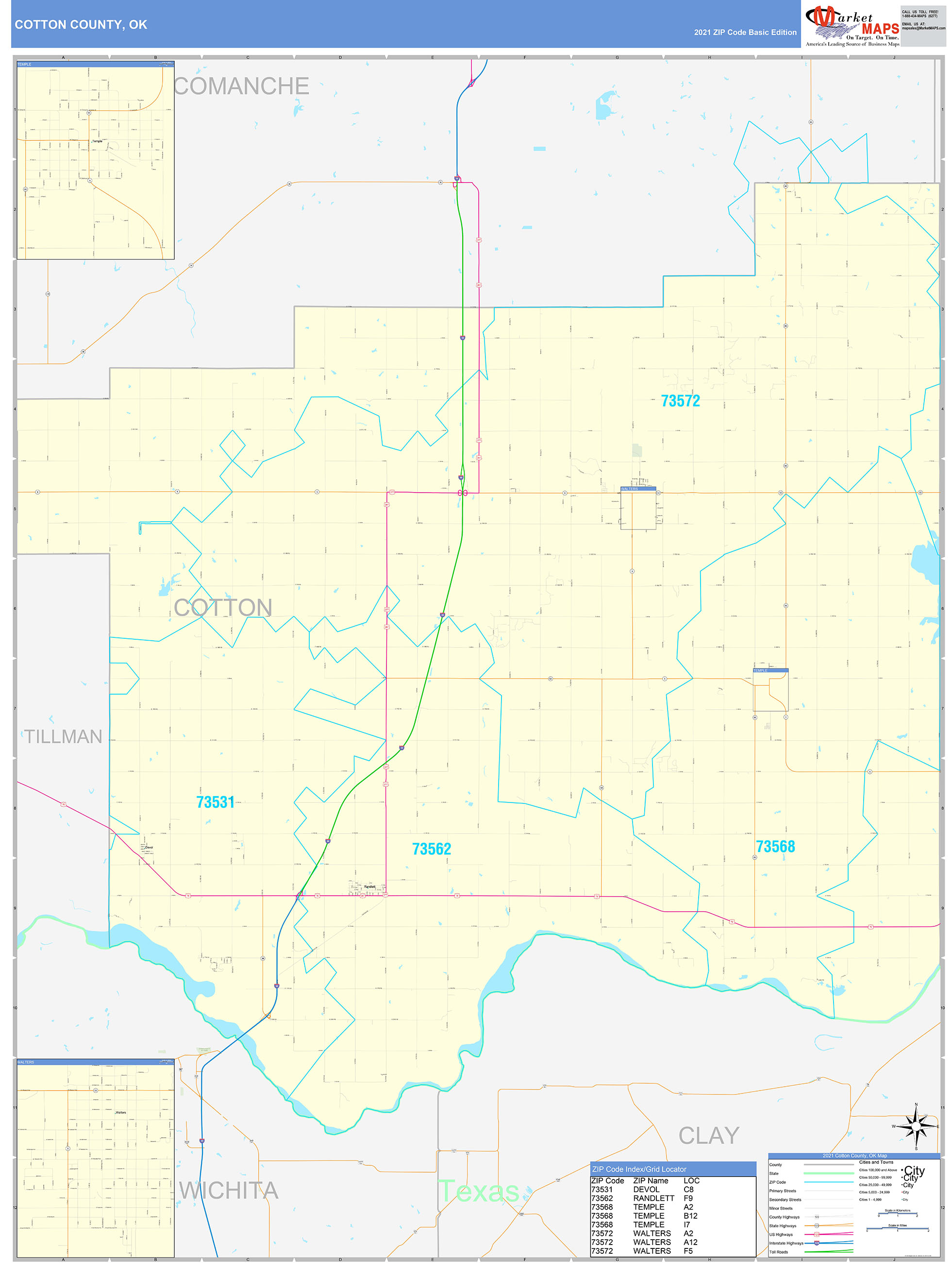 Cotton County, OK Zip Code Wall Map Basic Style by MarketMAPS