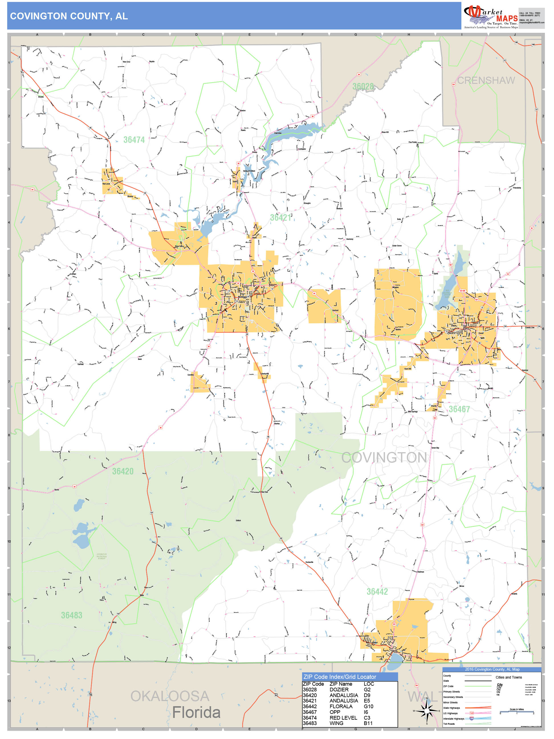Covington County, AL Zip Code Wall Map Basic Style by MarketMAPS MapSales