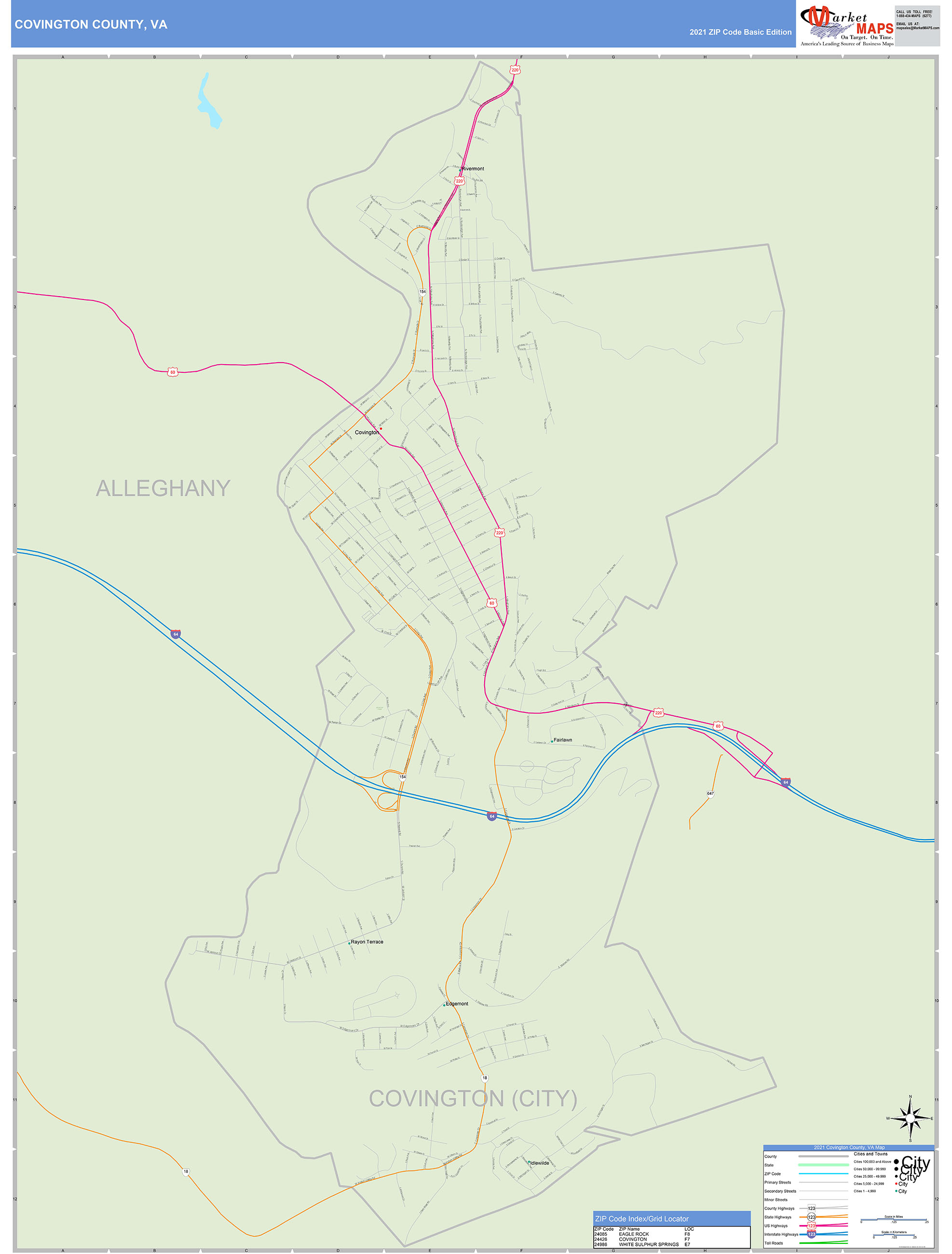 Covington County, VA Zip Code Wall Map Basic Style by MarketMAPS