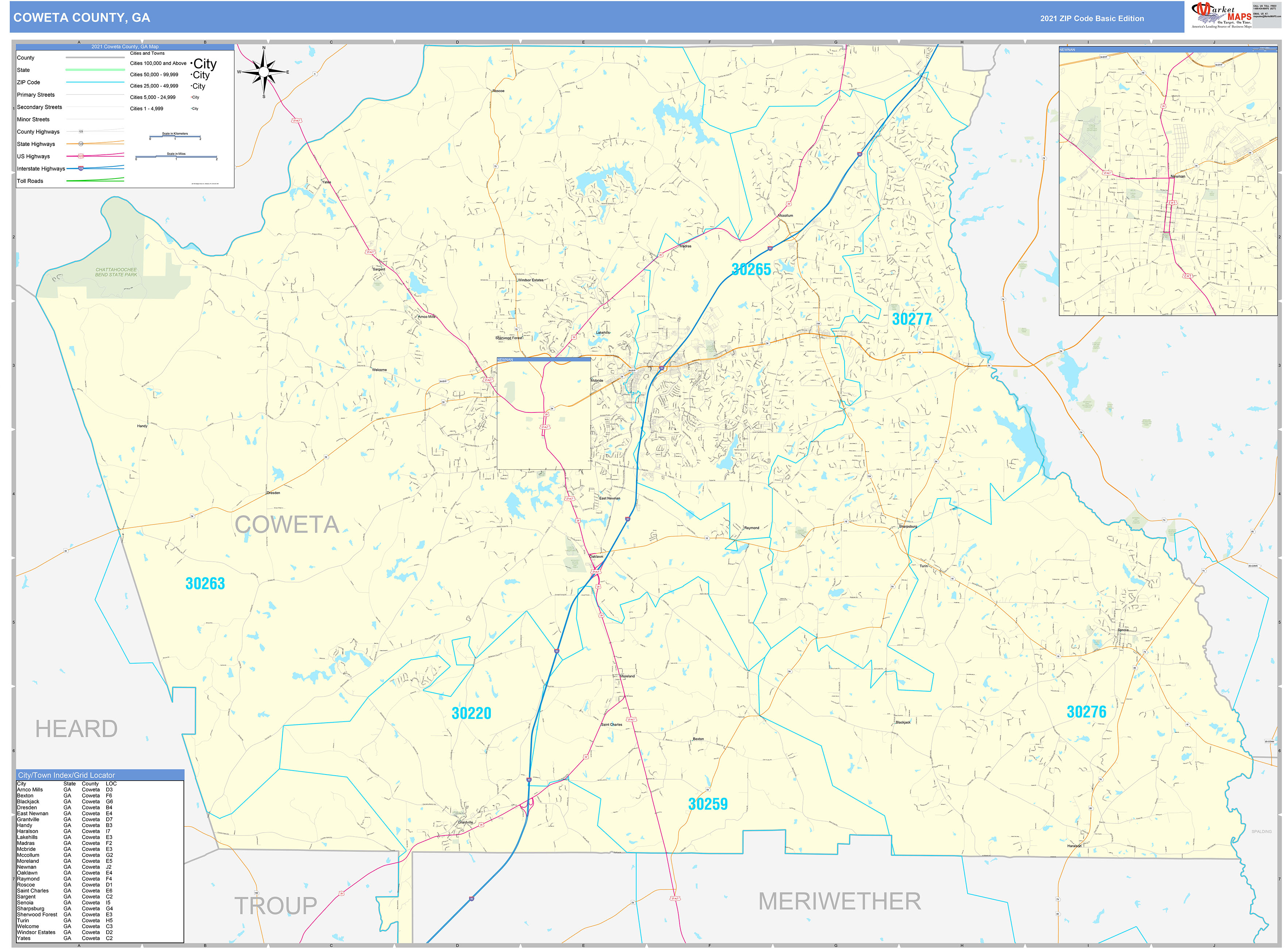 Coweta County, GA Zip Code Wall Map Basic Style by MarketMAPS MapSales