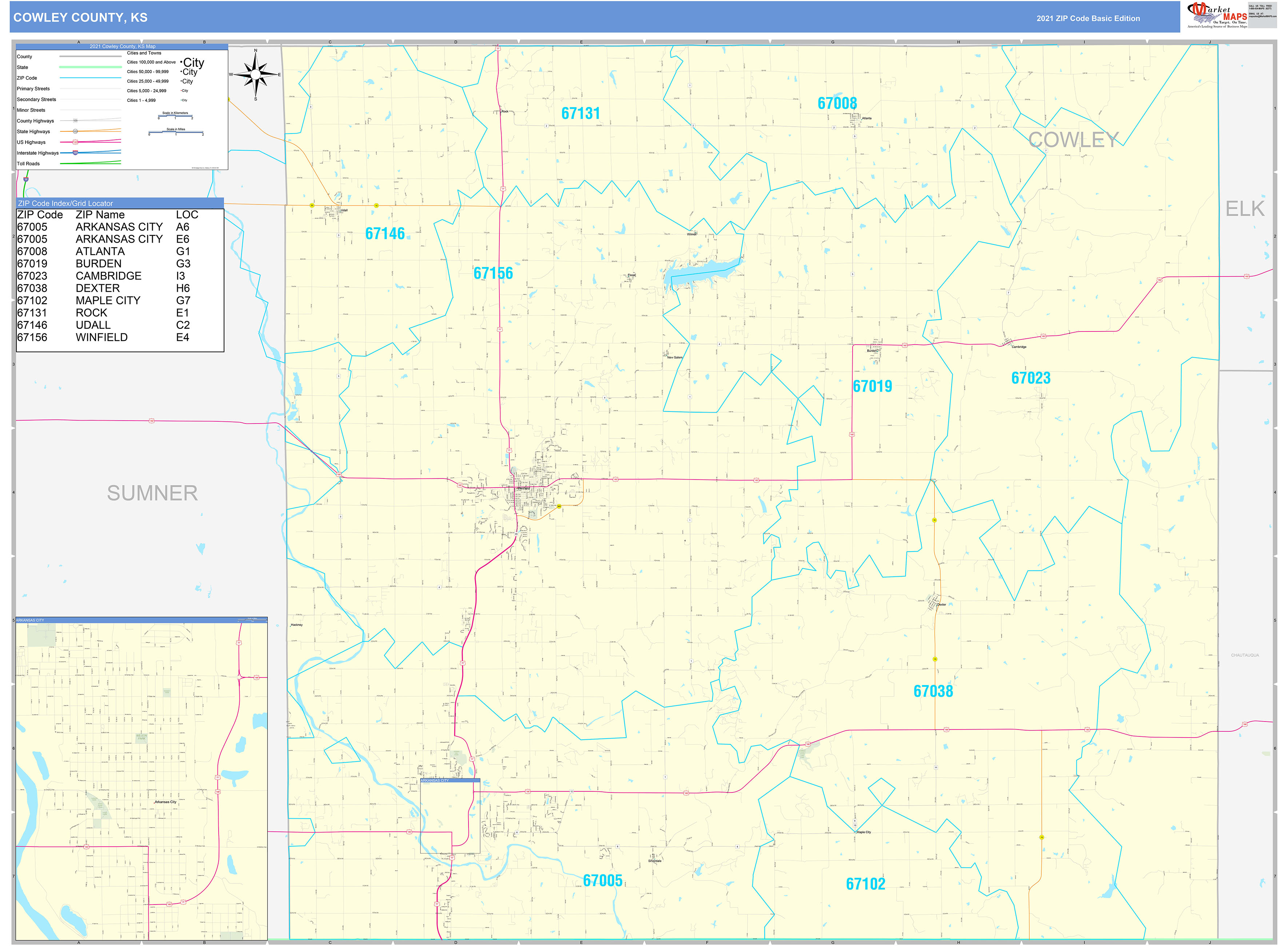 Cowley County, KS Zip Code Wall Map Basic Style by MarketMAPS