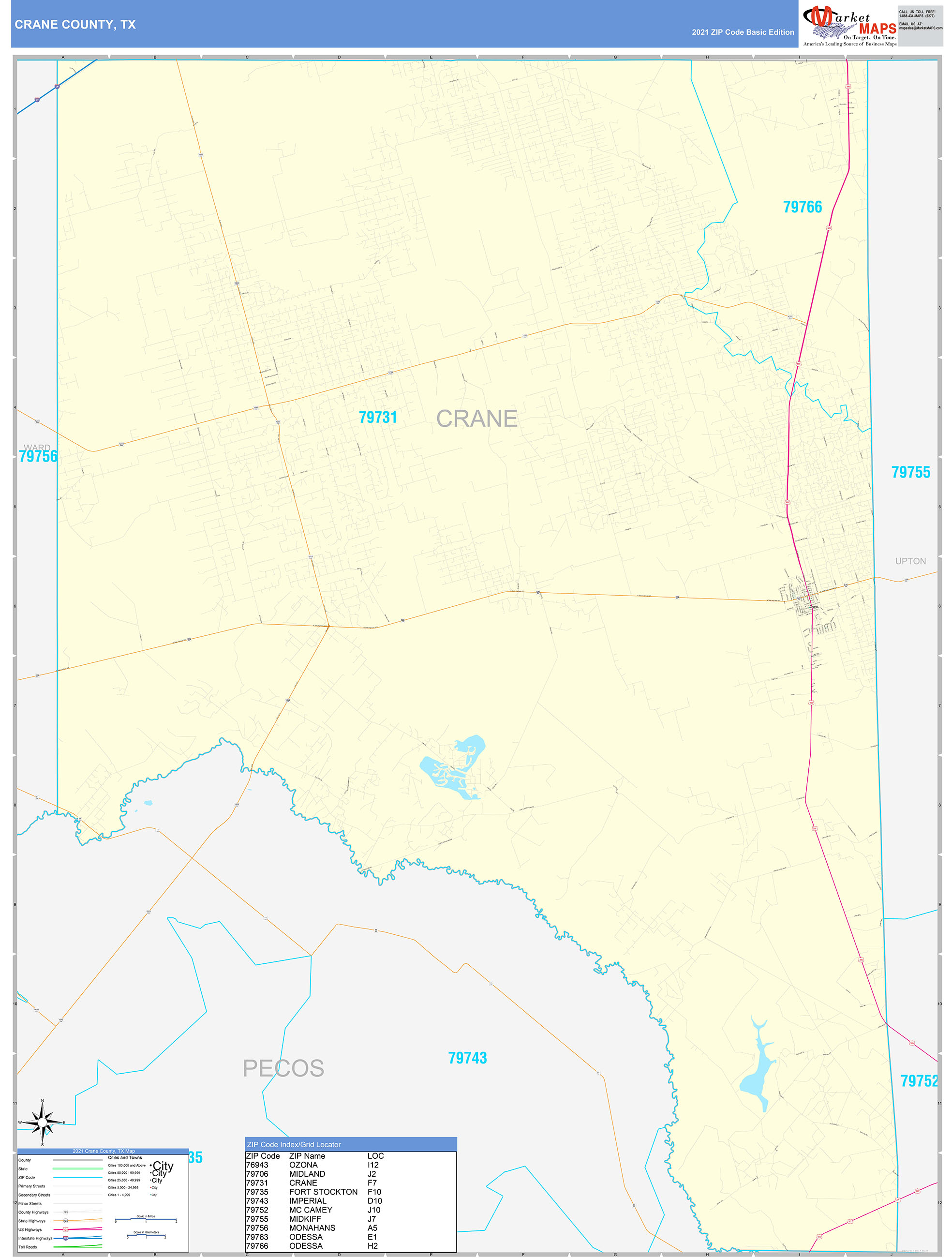 Crane County, TX Zip Code Wall Map Basic Style by MarketMAPS MapSales