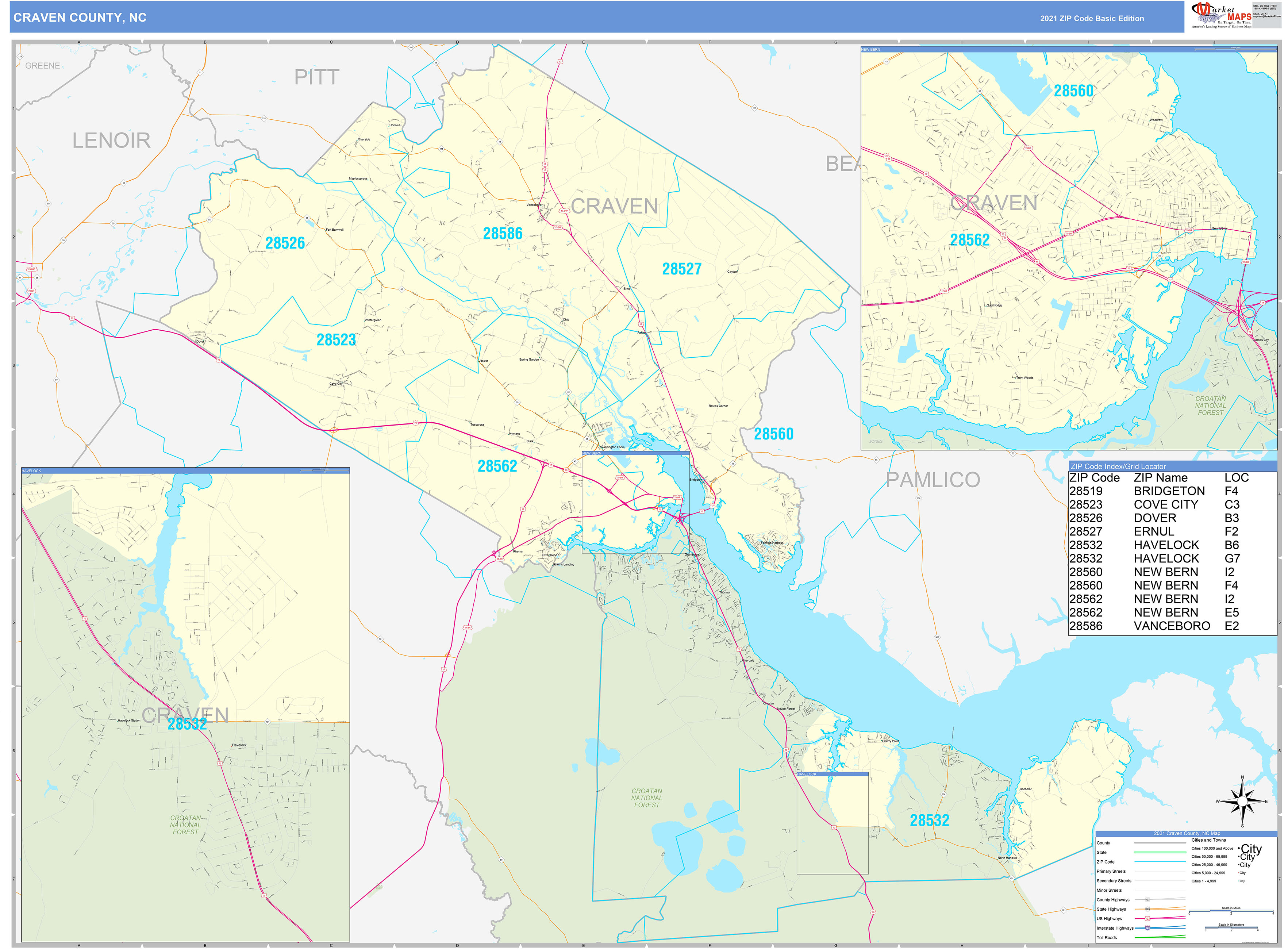 Craven County, NC Zip Code Wall Map Basic Style by MarketMAPS MapSales