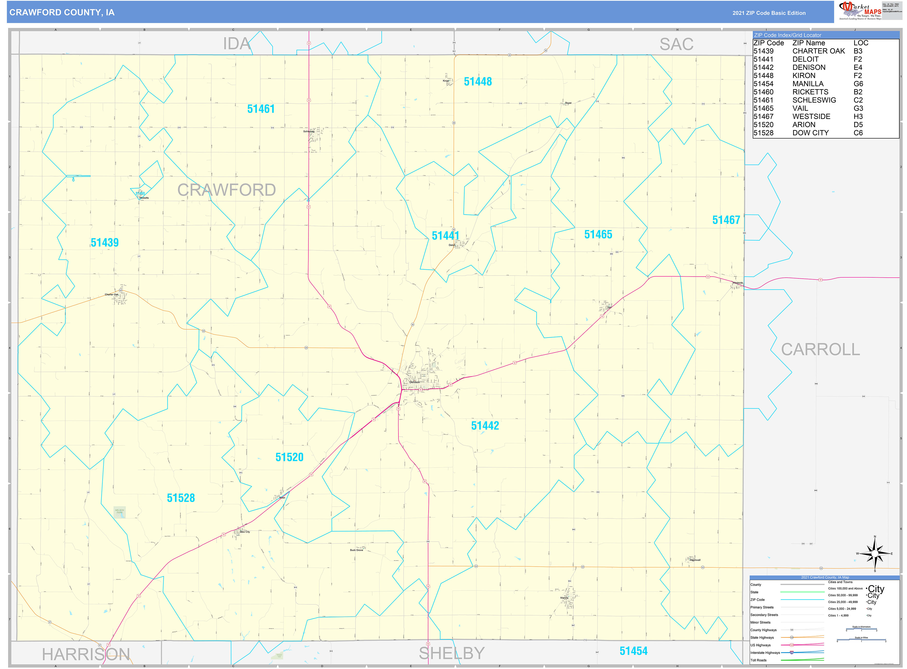 Crawford County, IA Zip Code Wall Map Basic Style by MarketMAPS MapSales