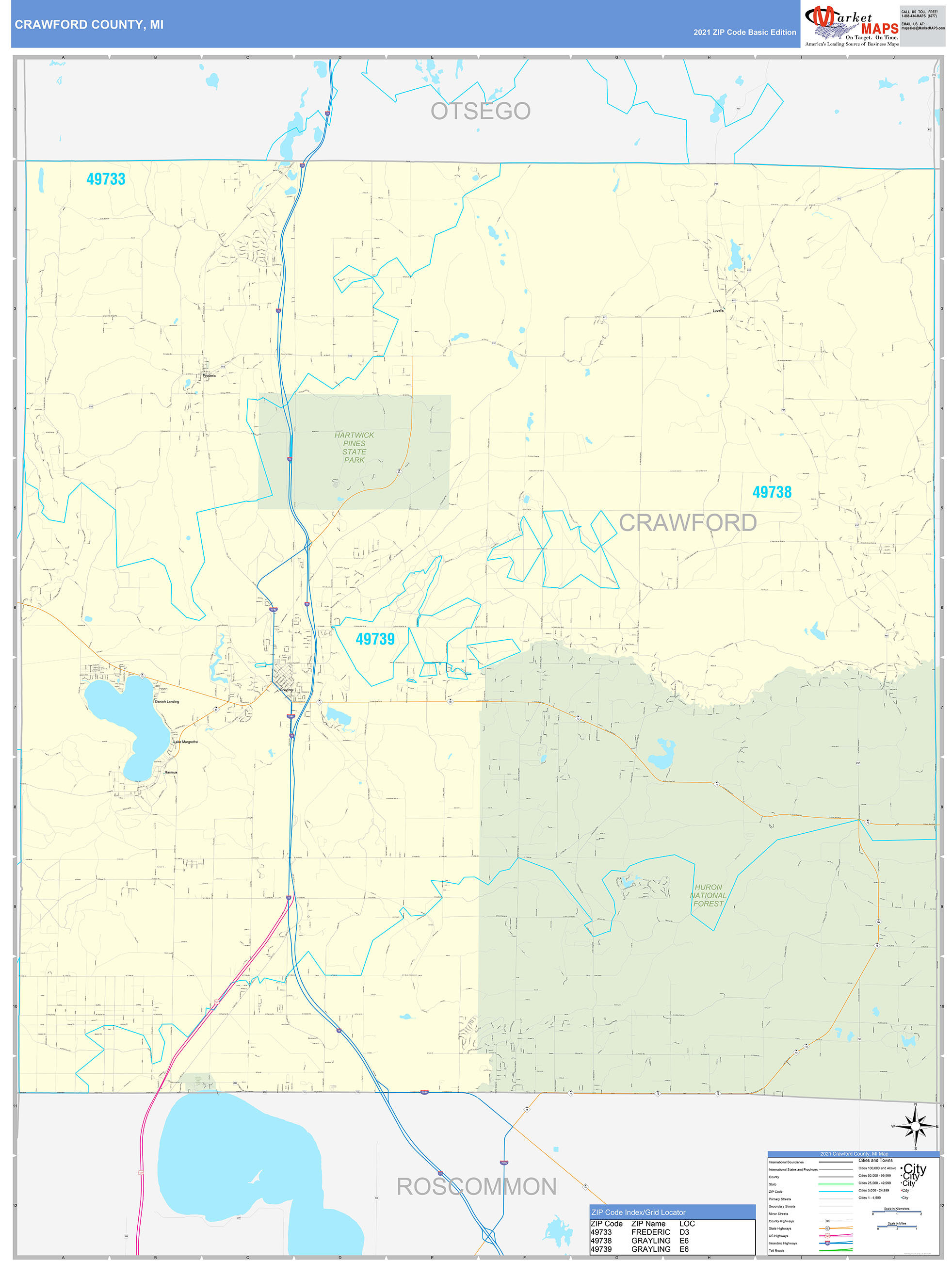 Crawford County, MI Zip Code Wall Map Basic Style by MarketMAPS MapSales