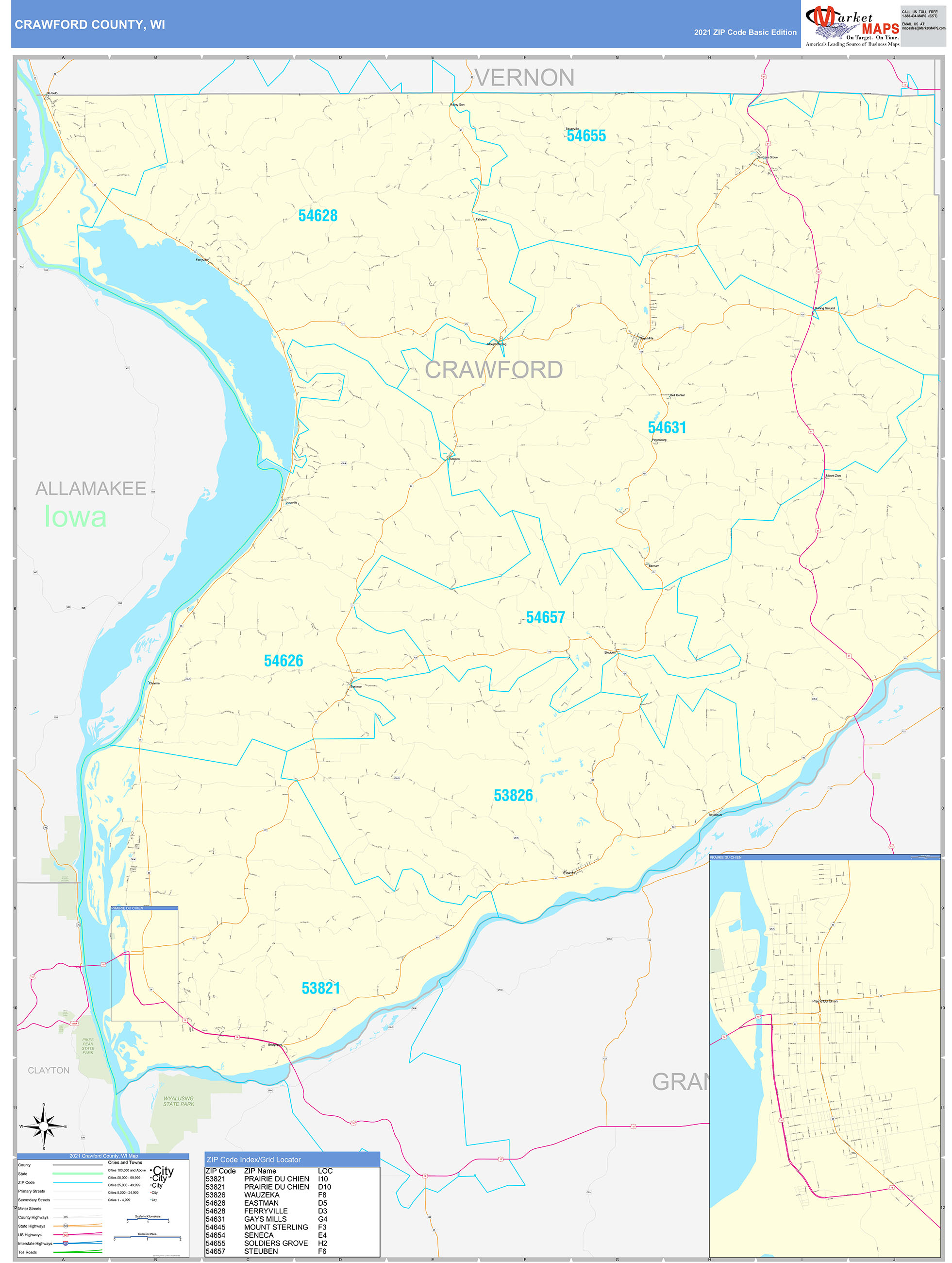 Crawford County, WI Zip Code Wall Map Basic Style by MarketMAPS MapSales