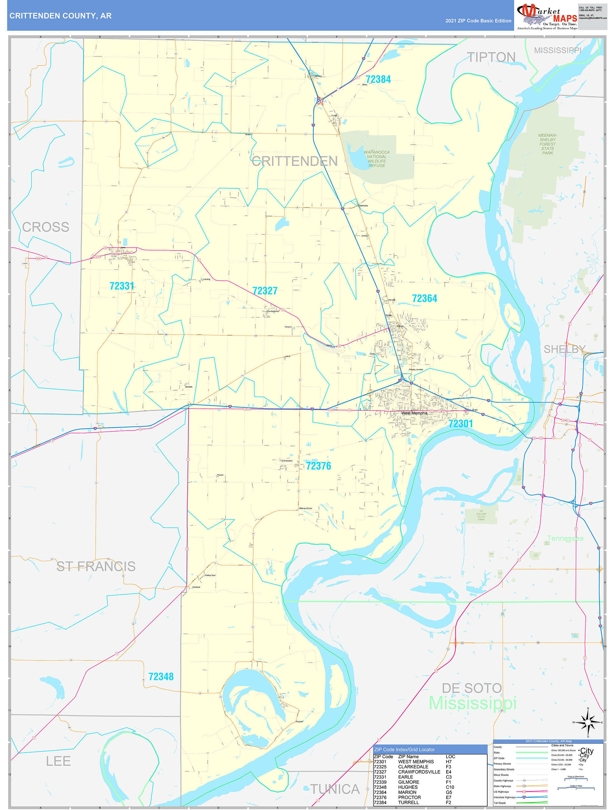Crittenden County, AR Zip Code Wall Map Basic Style by MarketMAPS MapSales