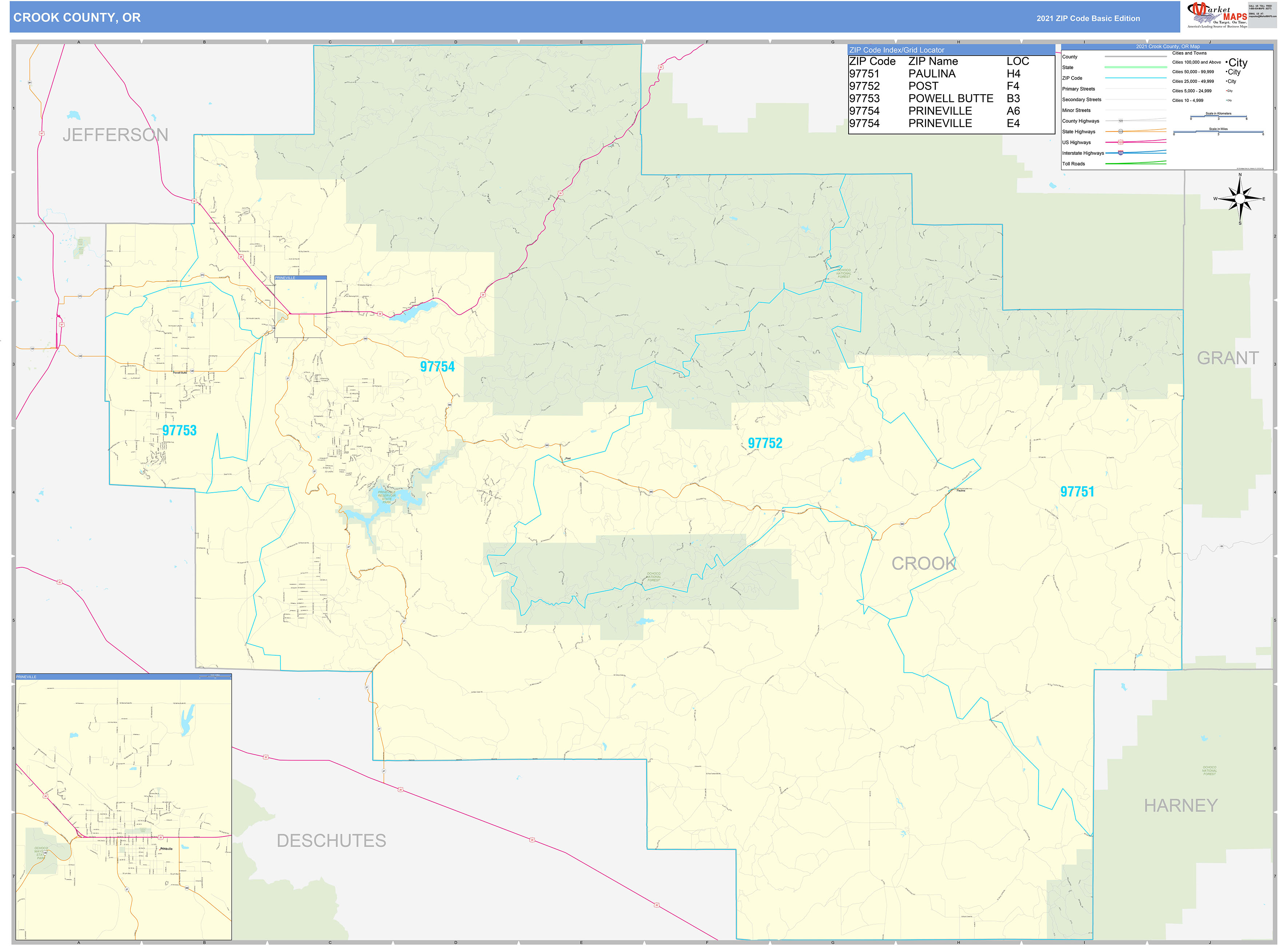 Oregon.arrests.org Crook County Crook County, OR Zip Code Wall Map Basic Style by MarketMAPS - MapSales