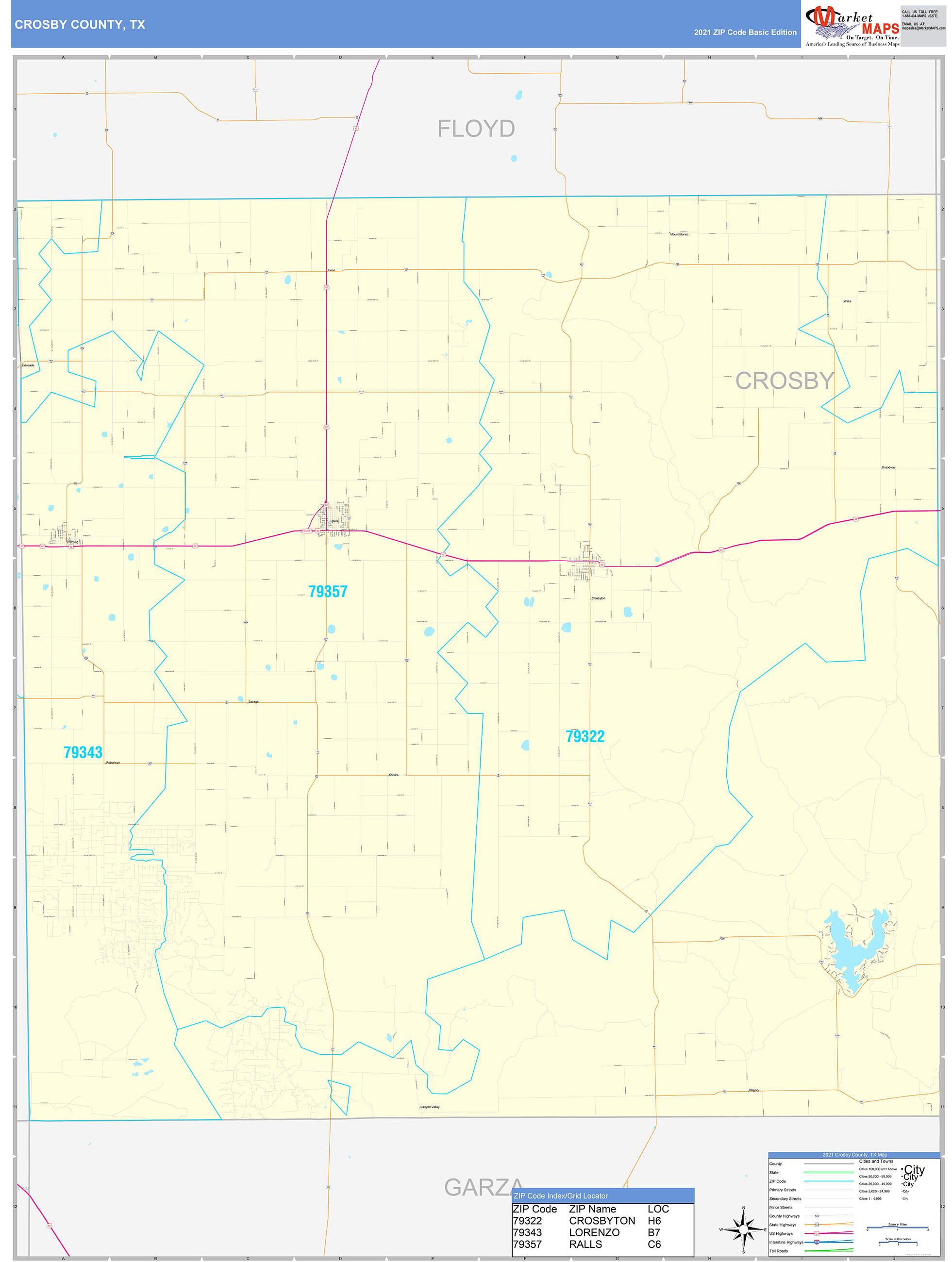Crosby County, TX Zip Code Wall Map Basic Style by MarketMAPS