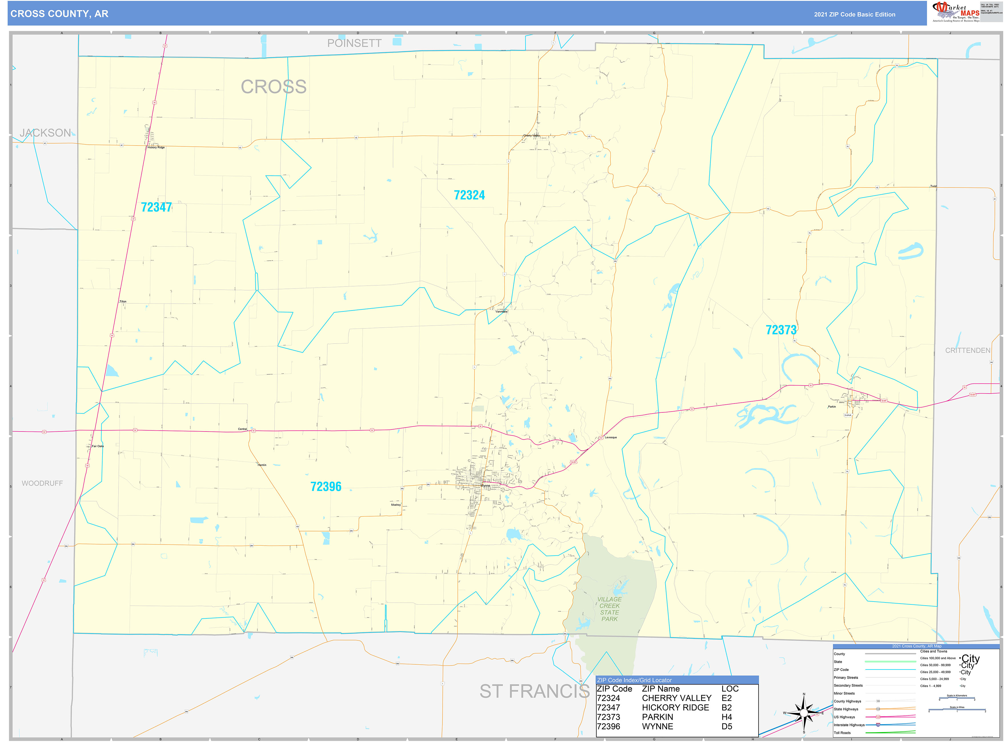 Cross County, AR Zip Code Wall Map Basic Style by MarketMAPS MapSales