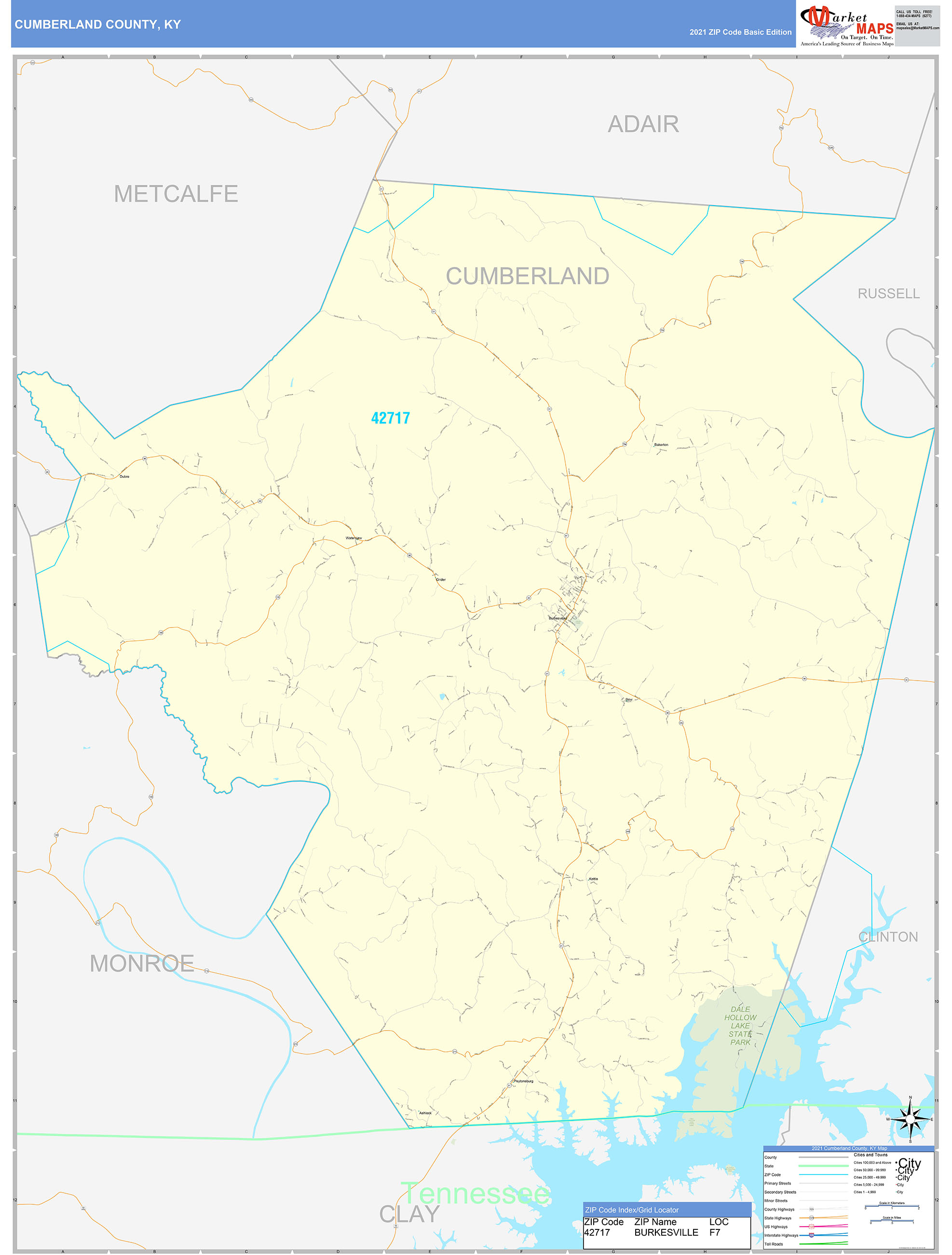 Cumberland County, KY Zip Code Wall Map Basic Style by MarketMAPS