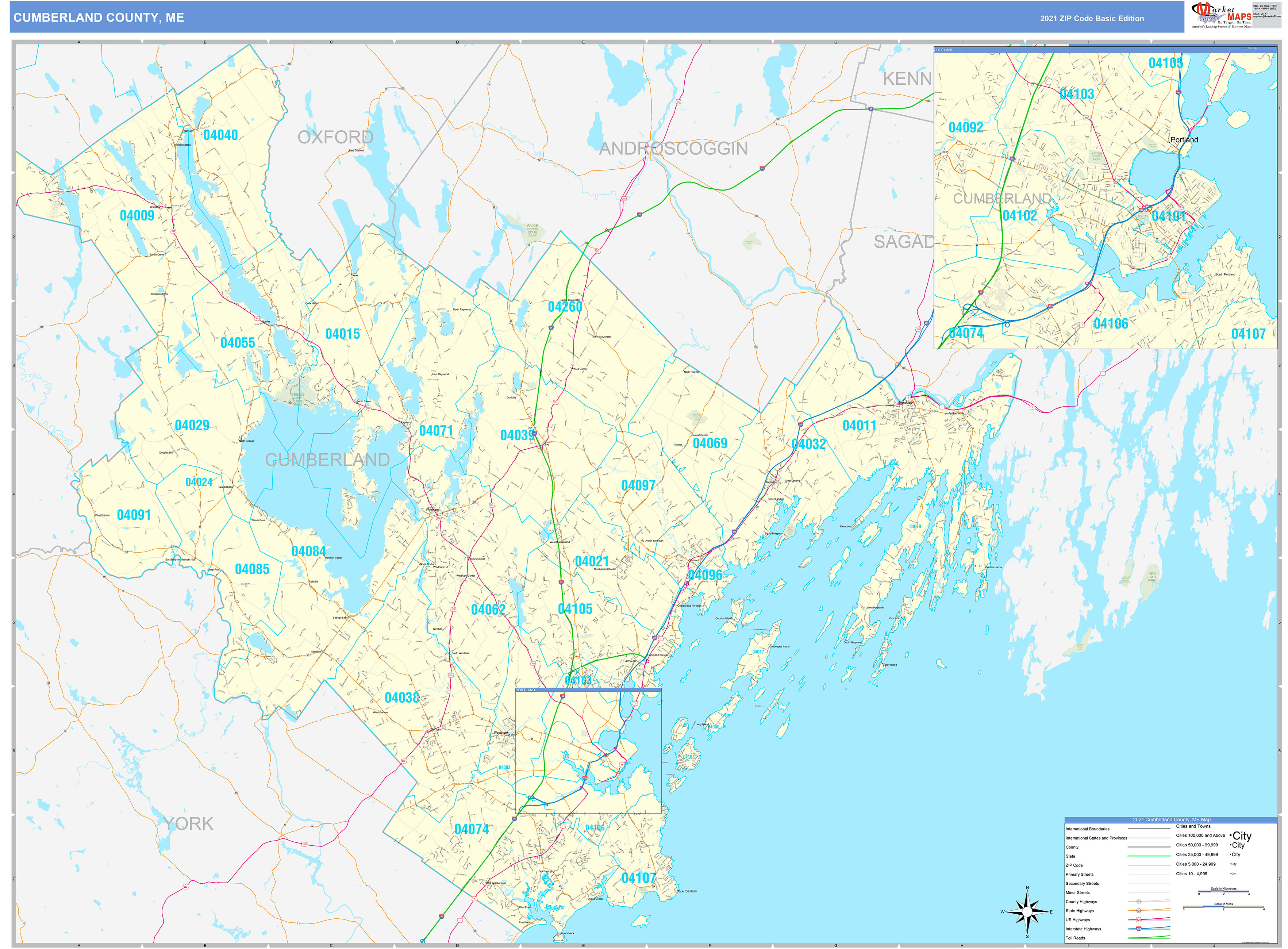 Cumberland County, ME Zip Code Wall Map Basic Style by MarketMAPS