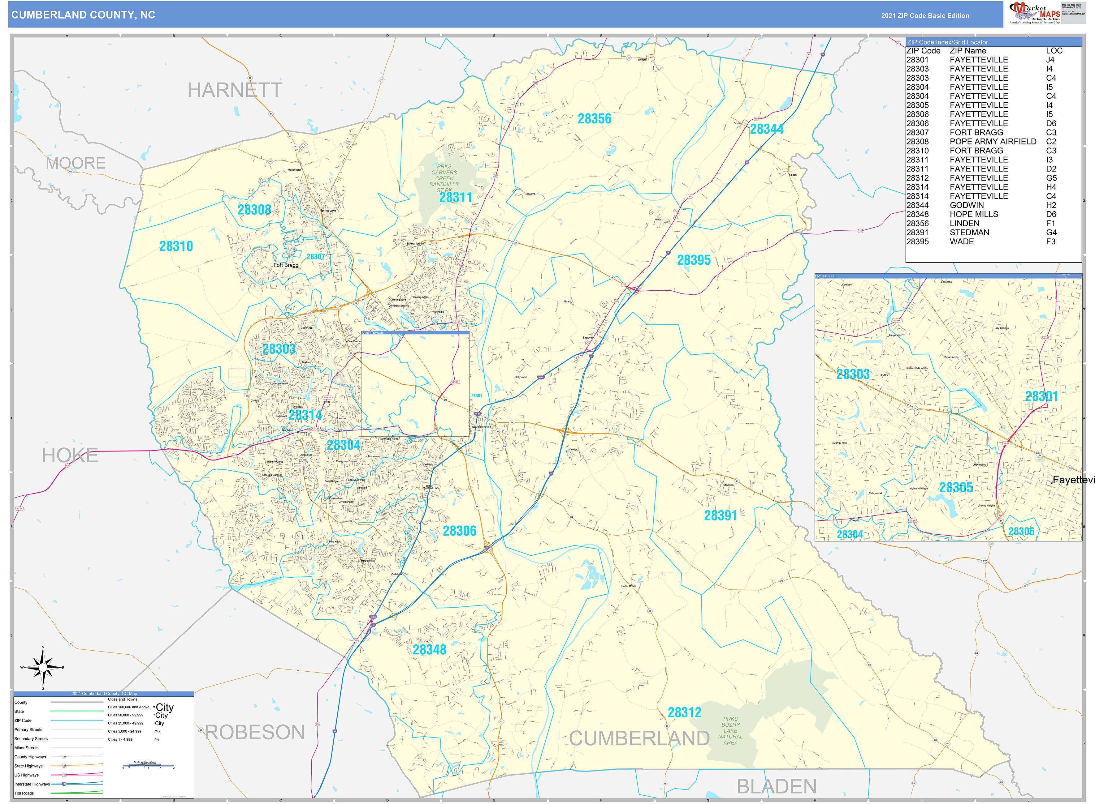 Cumberland County, NC Zip Code Wall Map Basic Style by MarketMAPS
