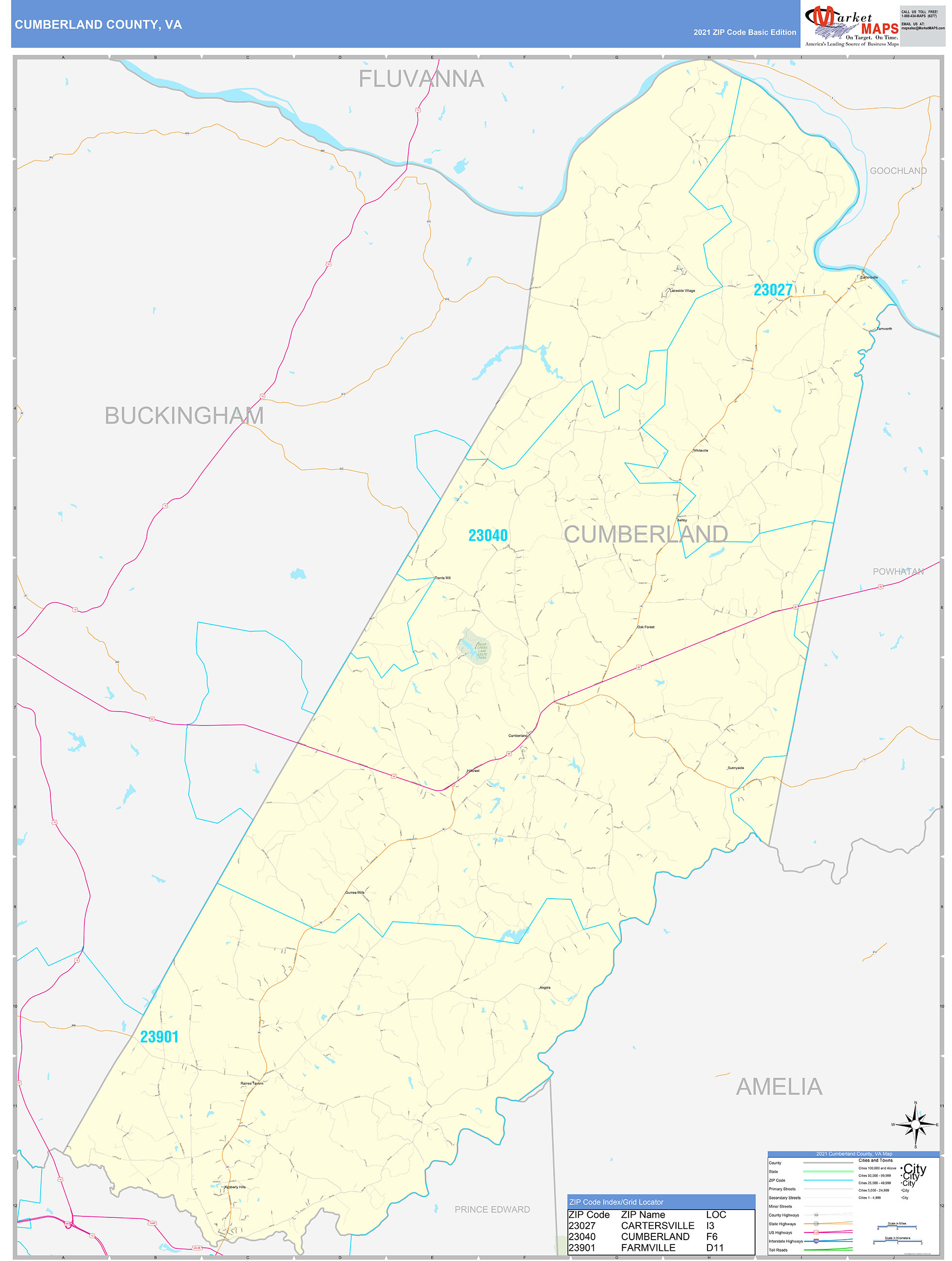 Cumberland County, VA Zip Code Wall Map Basic Style by MarketMAPS