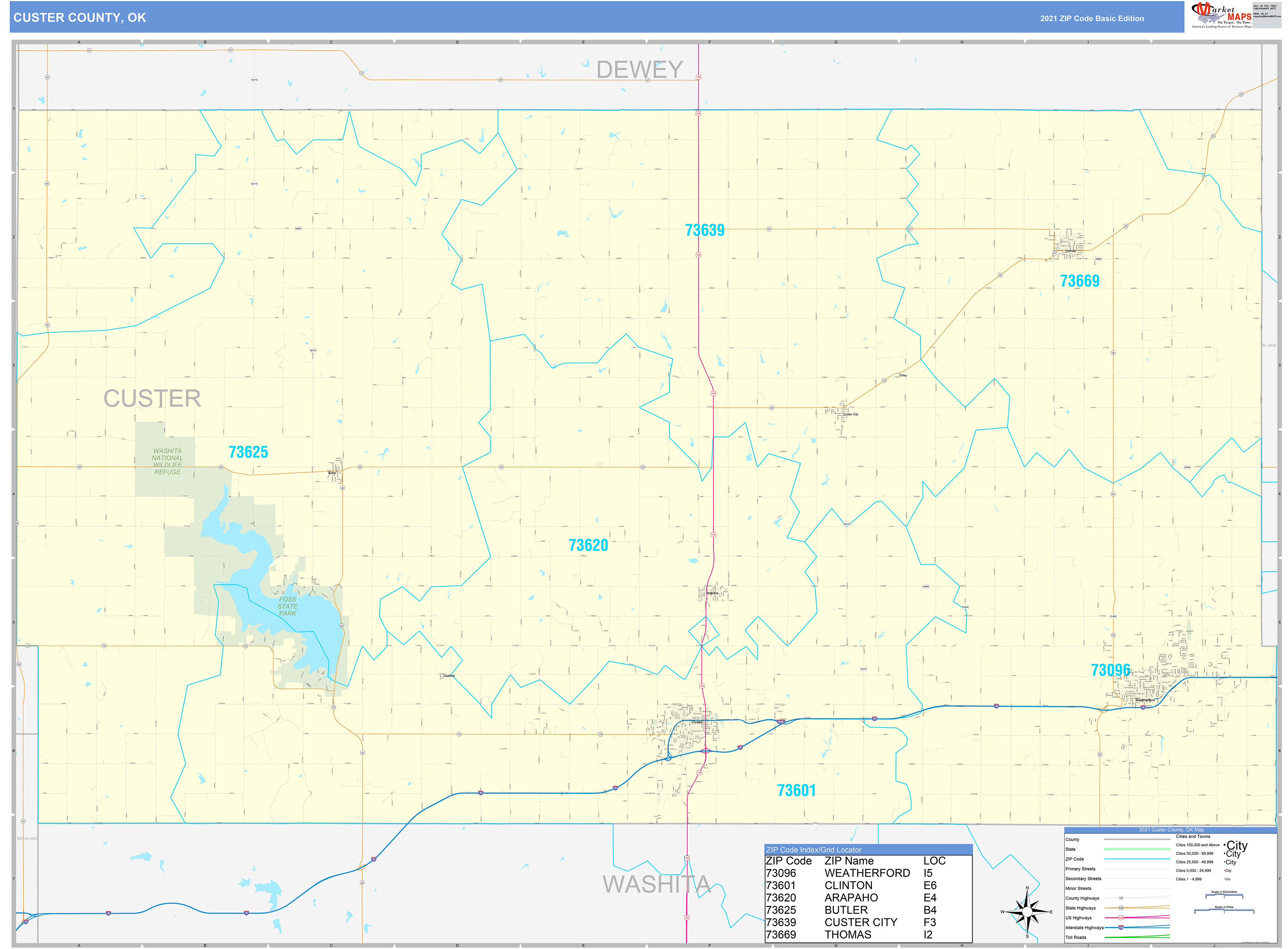 Custer County, OK Zip Code Wall Map Basic Style by MarketMAPS MapSales