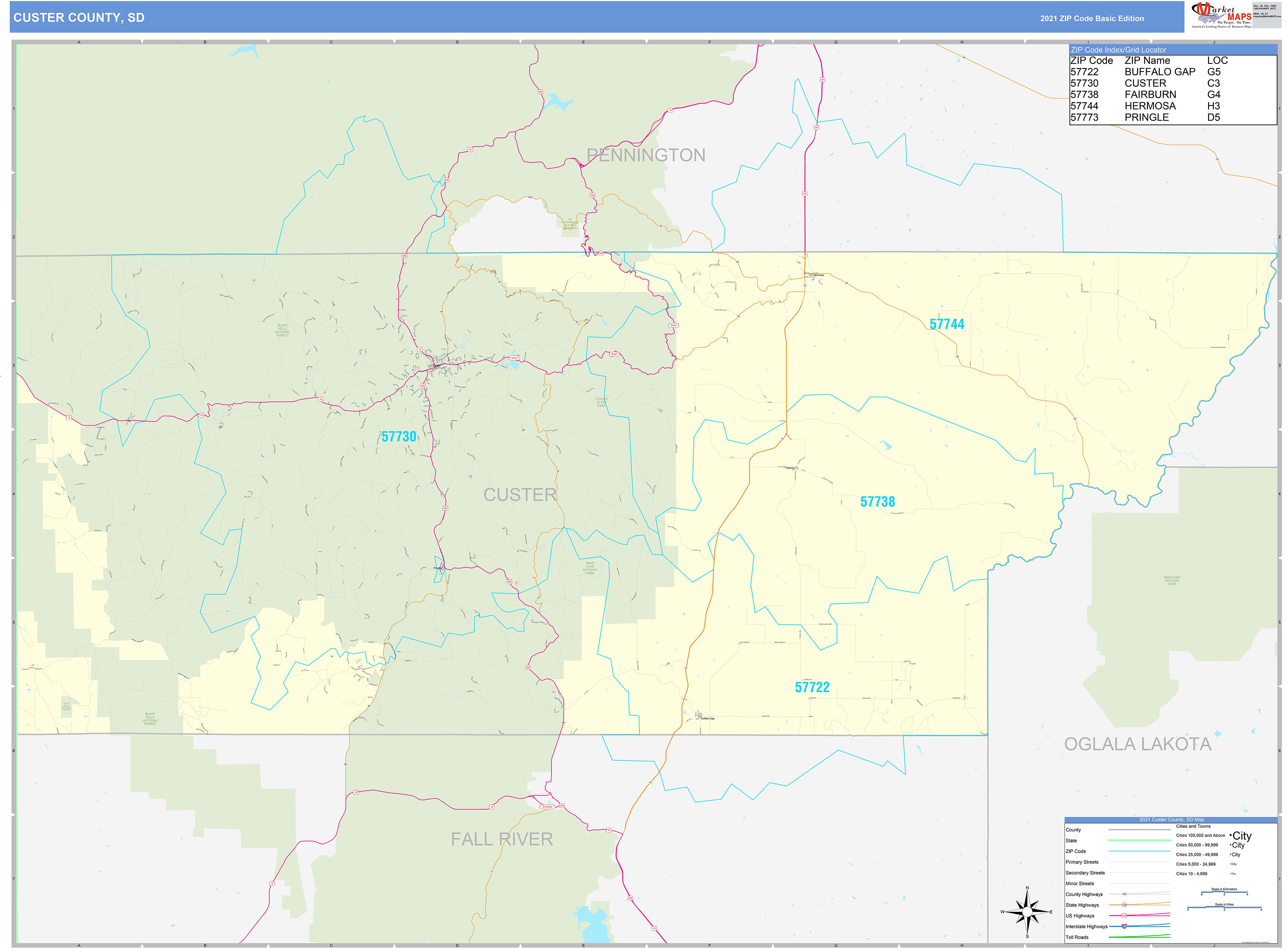 Custer County, SD Zip Code Wall Map Basic Style by MarketMAPS
