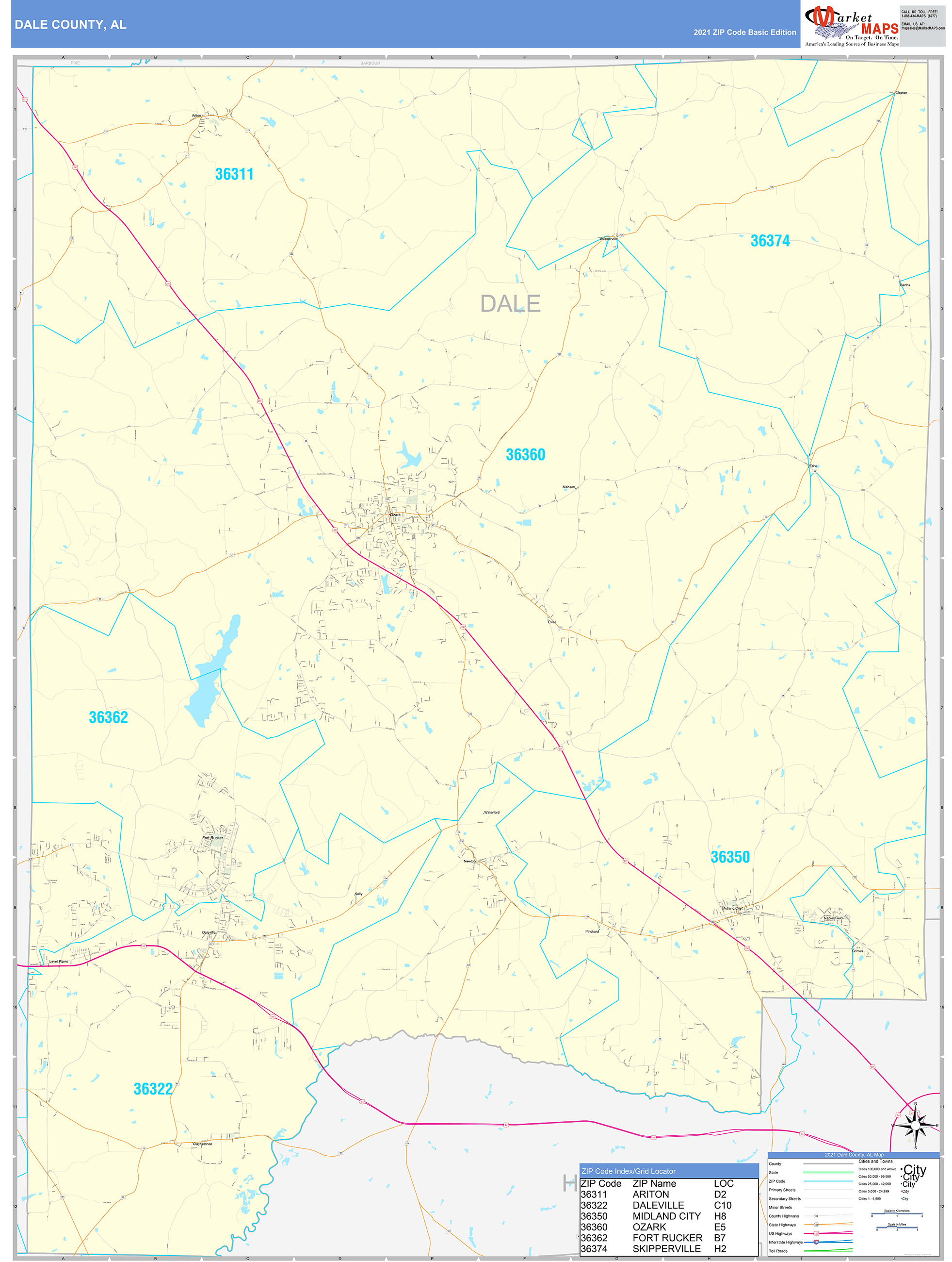 Dale County, AL Zip Code Wall Map Basic Style by MarketMAPS