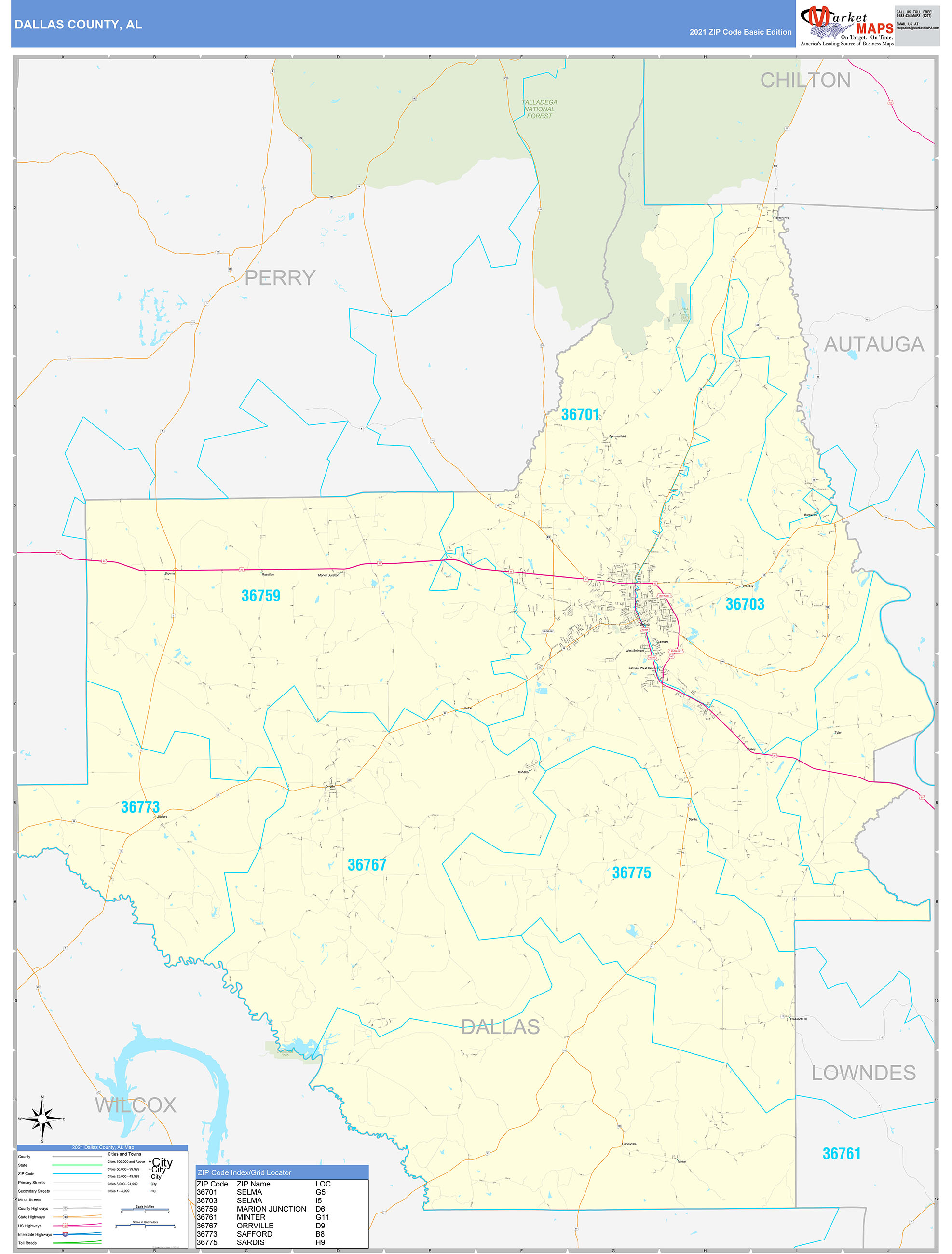 Dallas County, AL Zip Code Wall Map Basic Style by MarketMAPS
