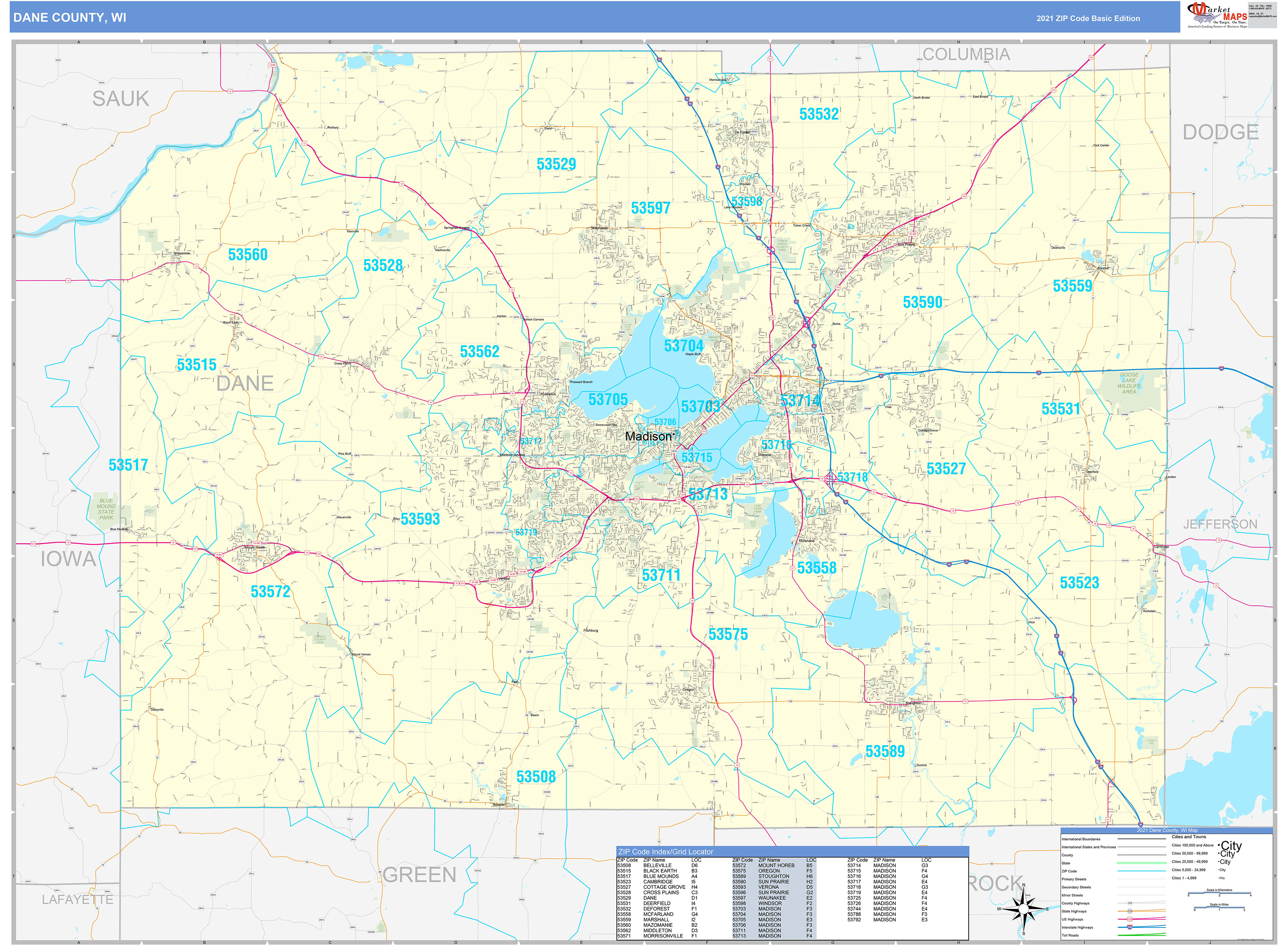 Dane County, WI Zip Code Wall Map Basic Style by MarketMAPS MapSales