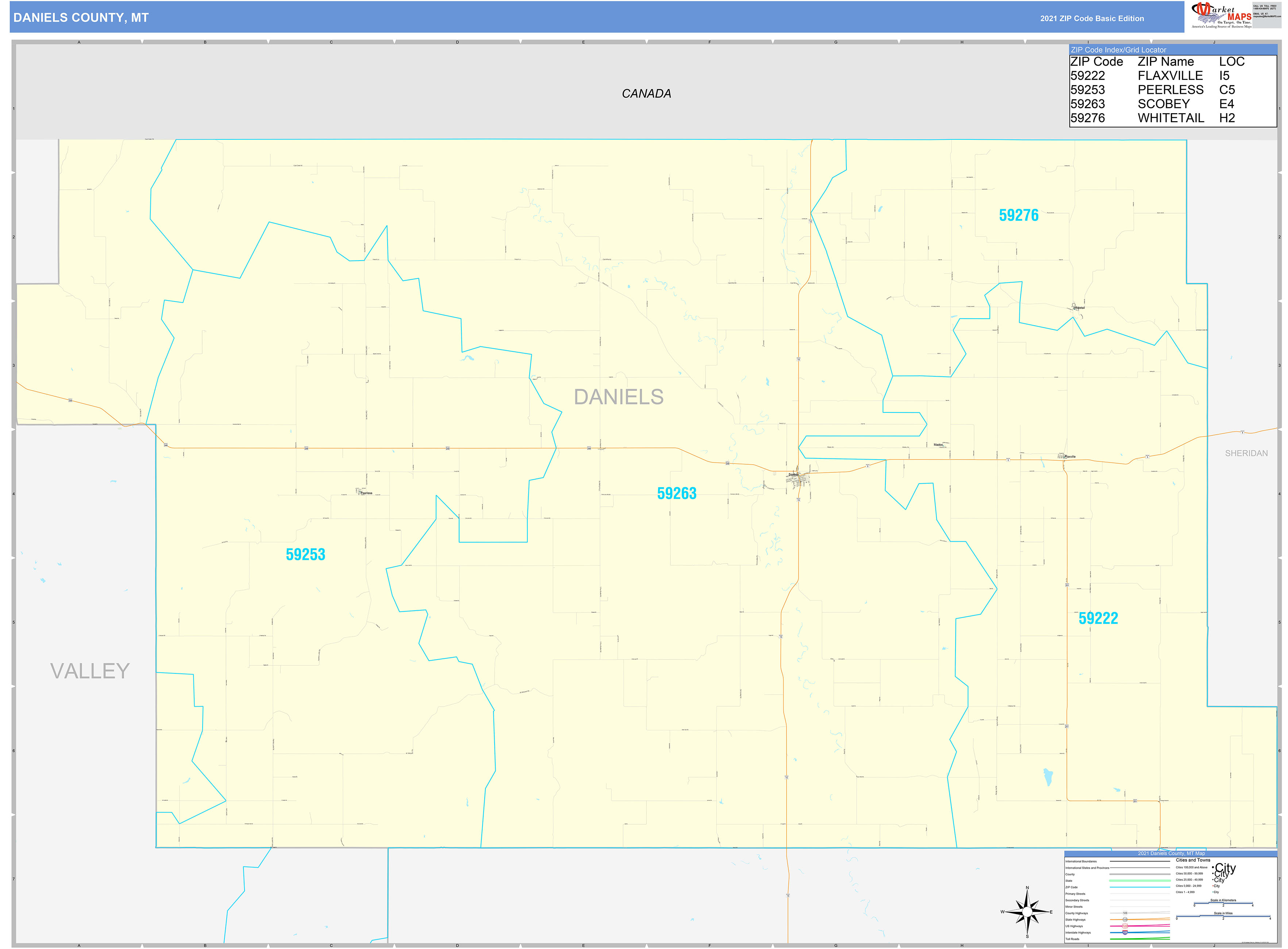 Daniels County, MT Zip Code Wall Map Basic Style by MarketMAPS