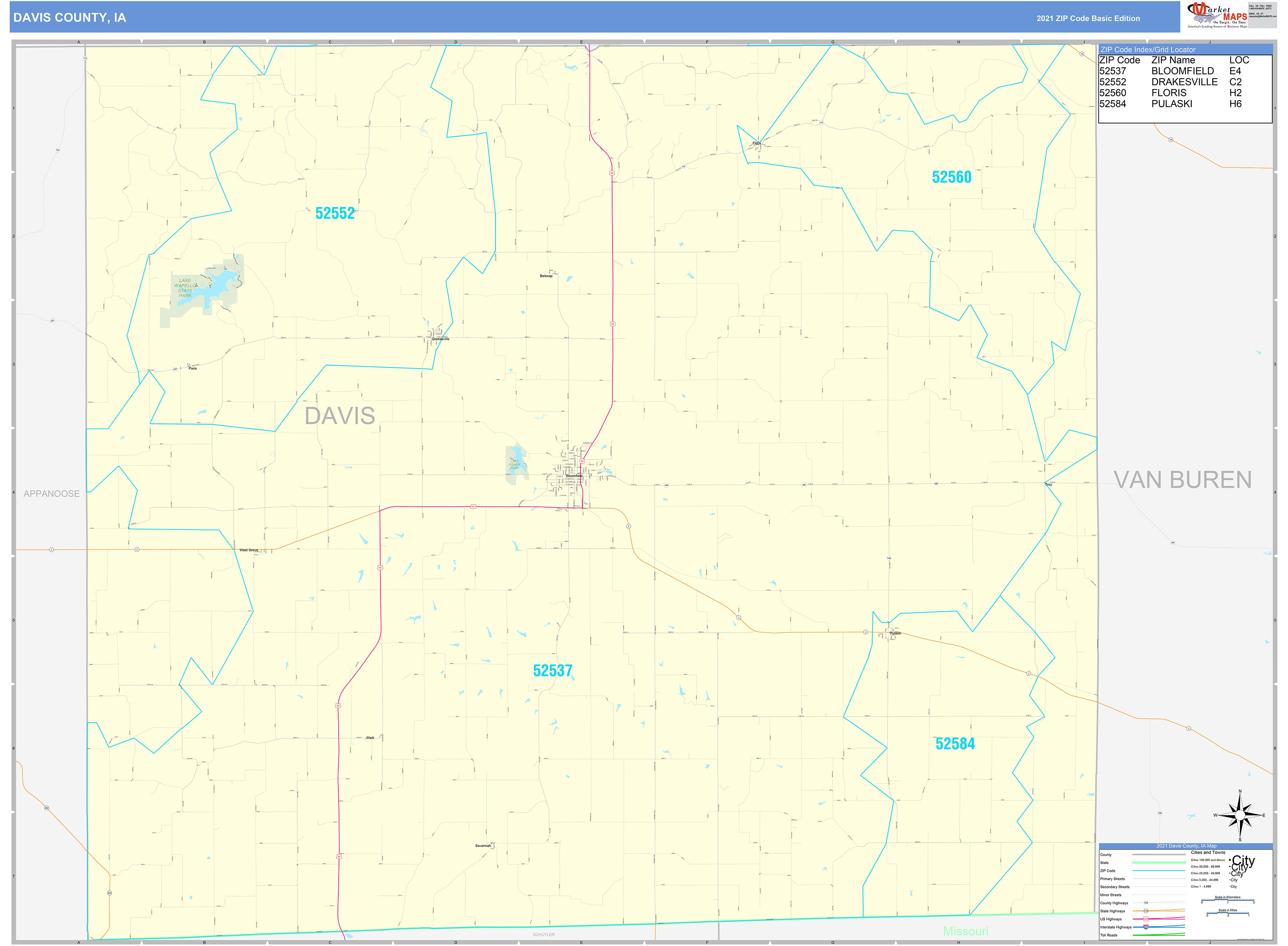Davis County, IA Zip Code Wall Map Basic Style by MarketMAPS MapSales