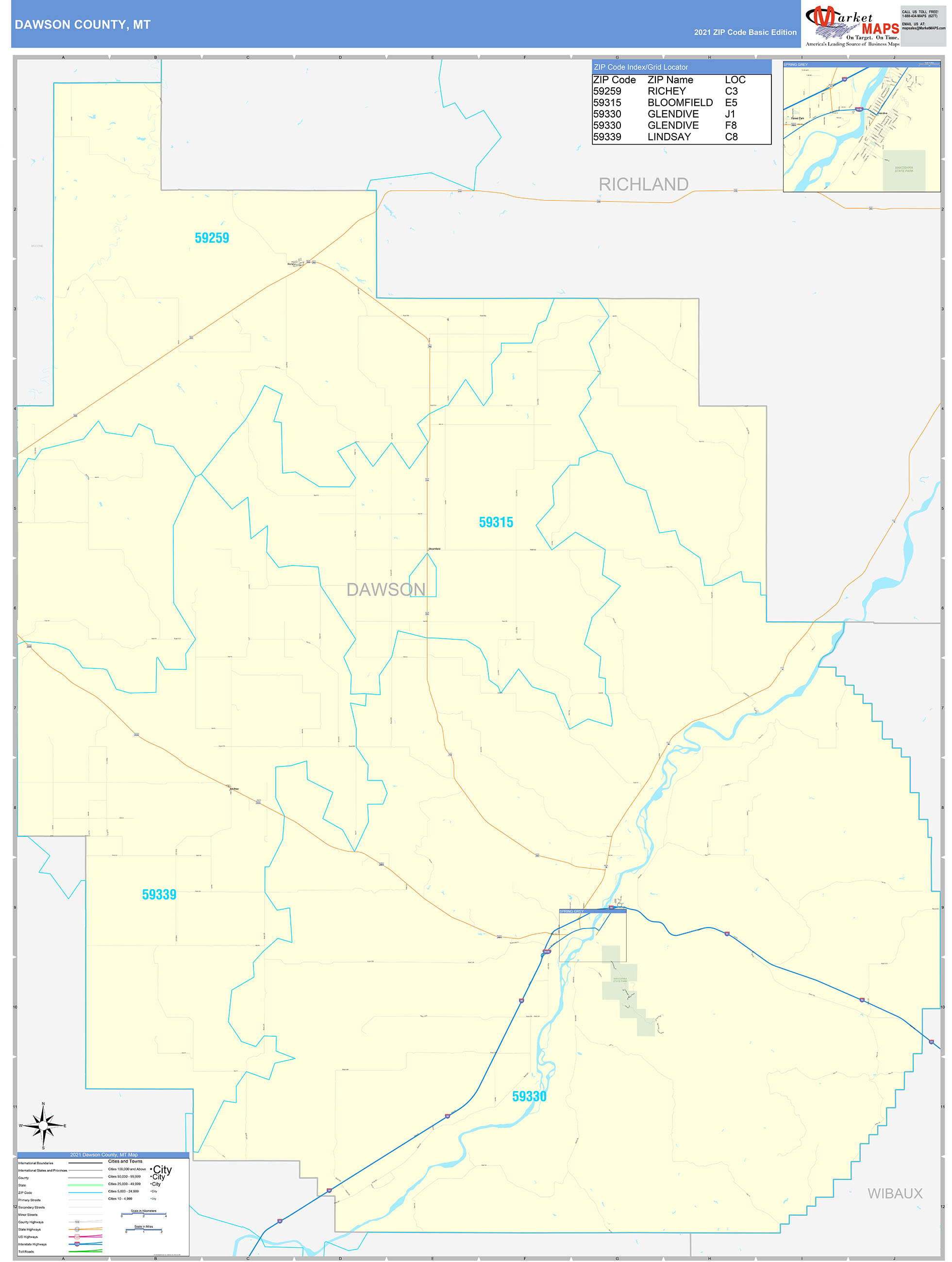 Dawson County, MT Zip Code Wall Map Basic Style by MarketMAPS MapSales