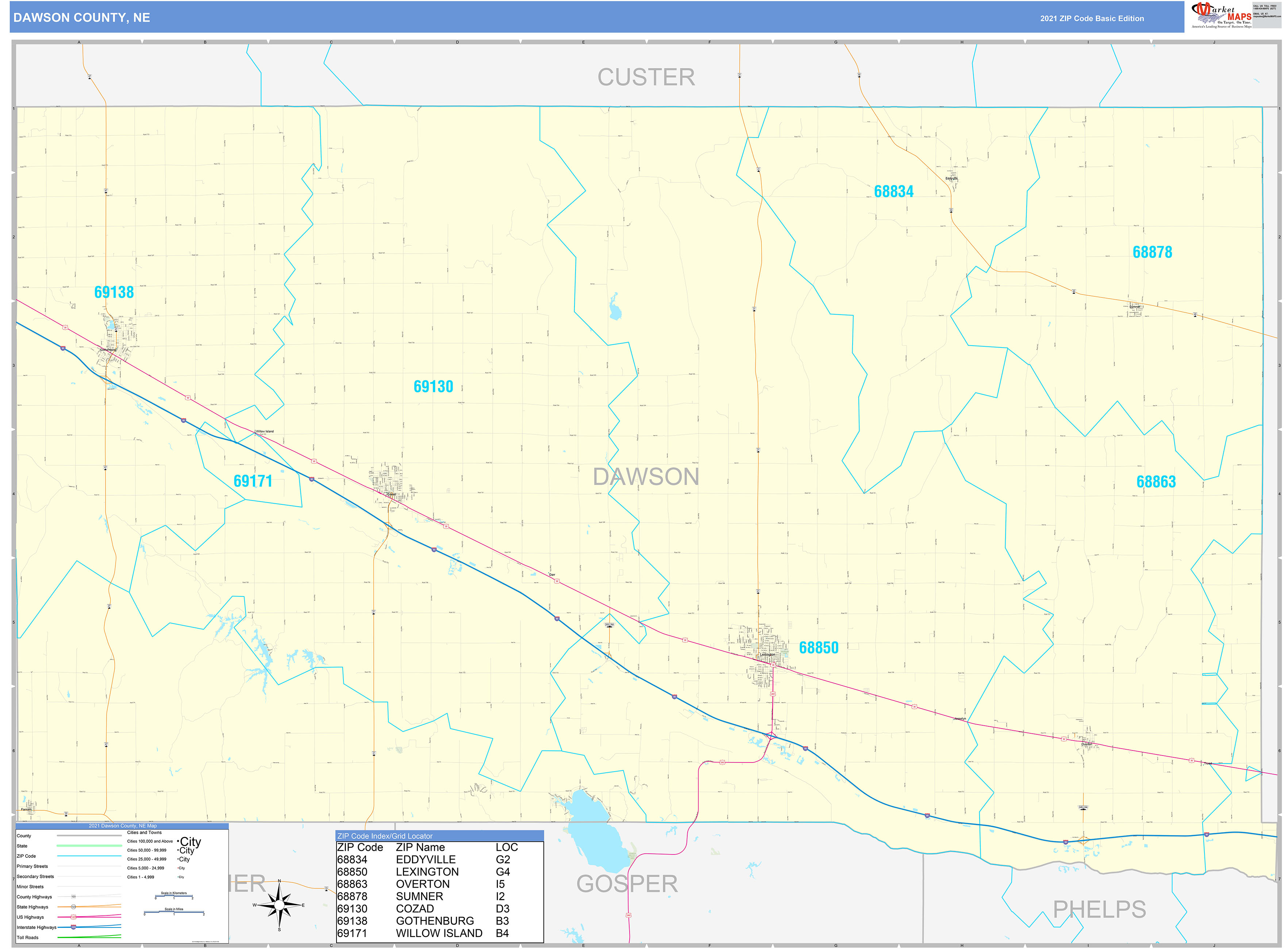 Dawson County, NE Zip Code Wall Map Basic Style by MarketMAPS
