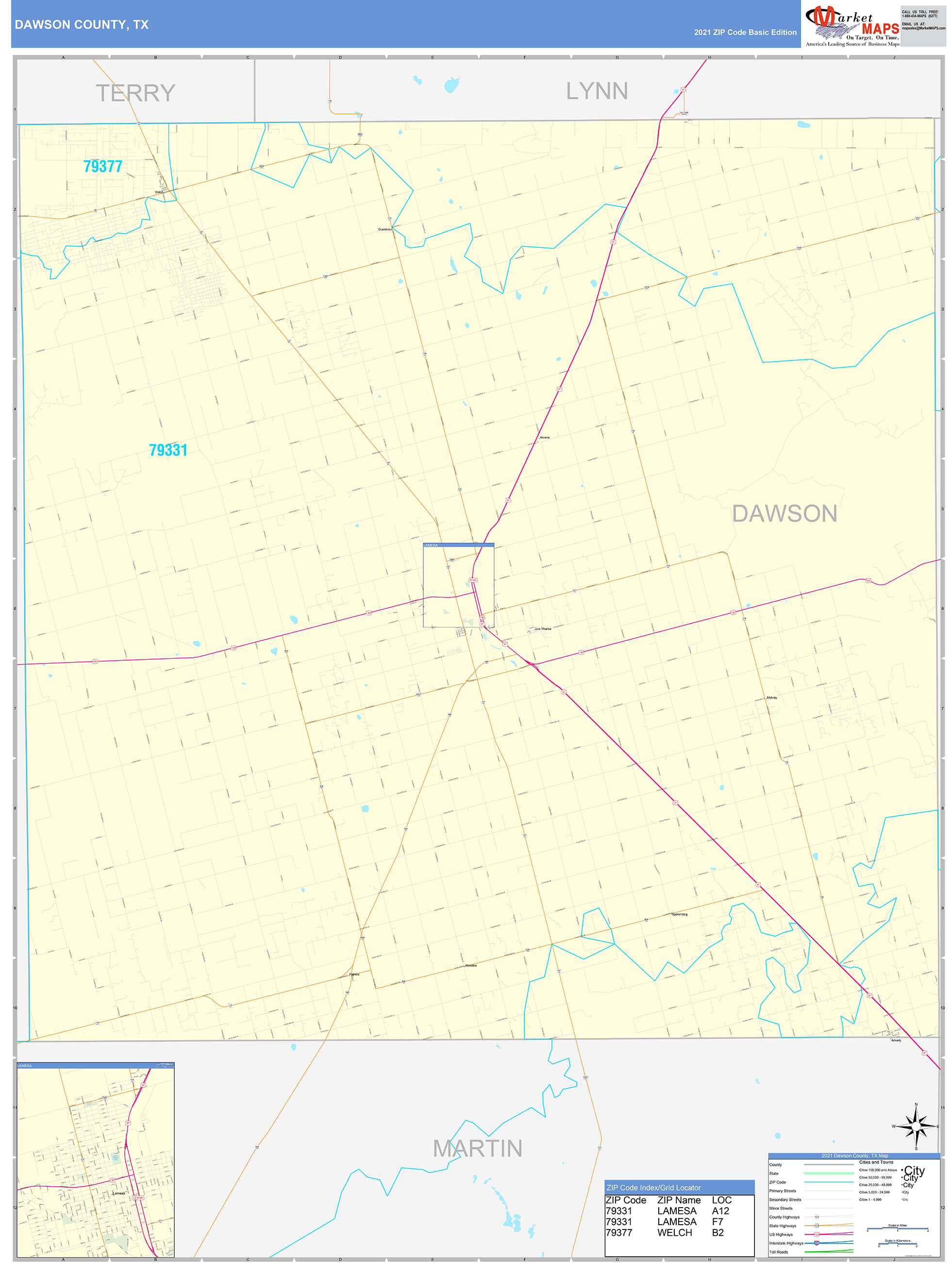 Dawson County, TX Zip Code Wall Map Basic Style by MarketMAPS MapSales