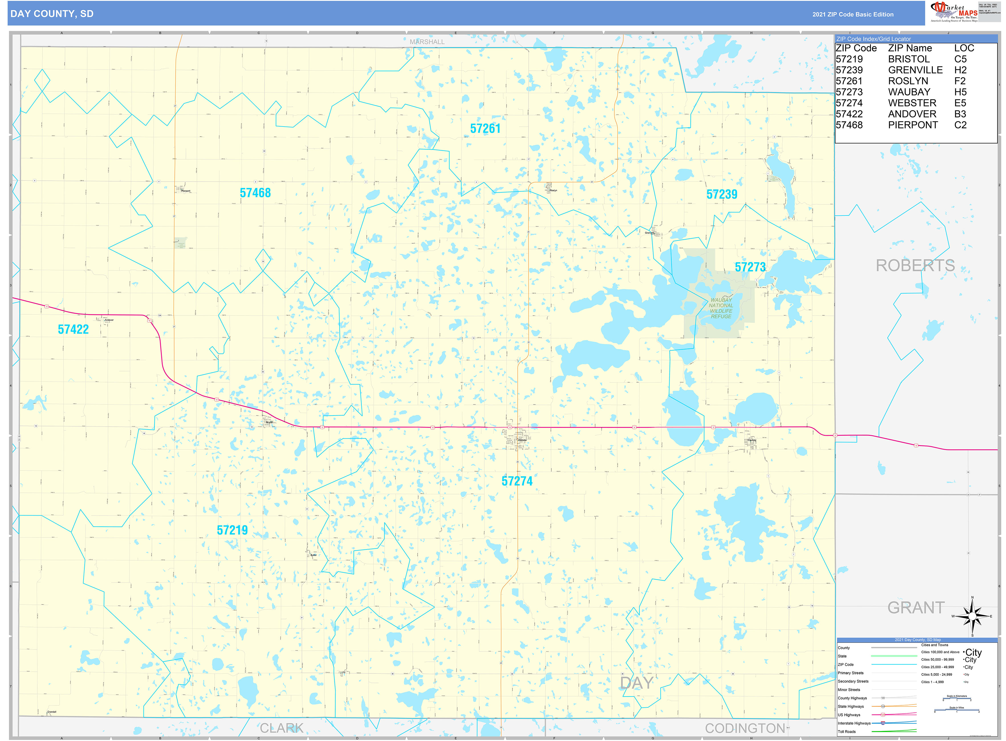Day County, SD Zip Code Wall Map Basic Style by MarketMAPS