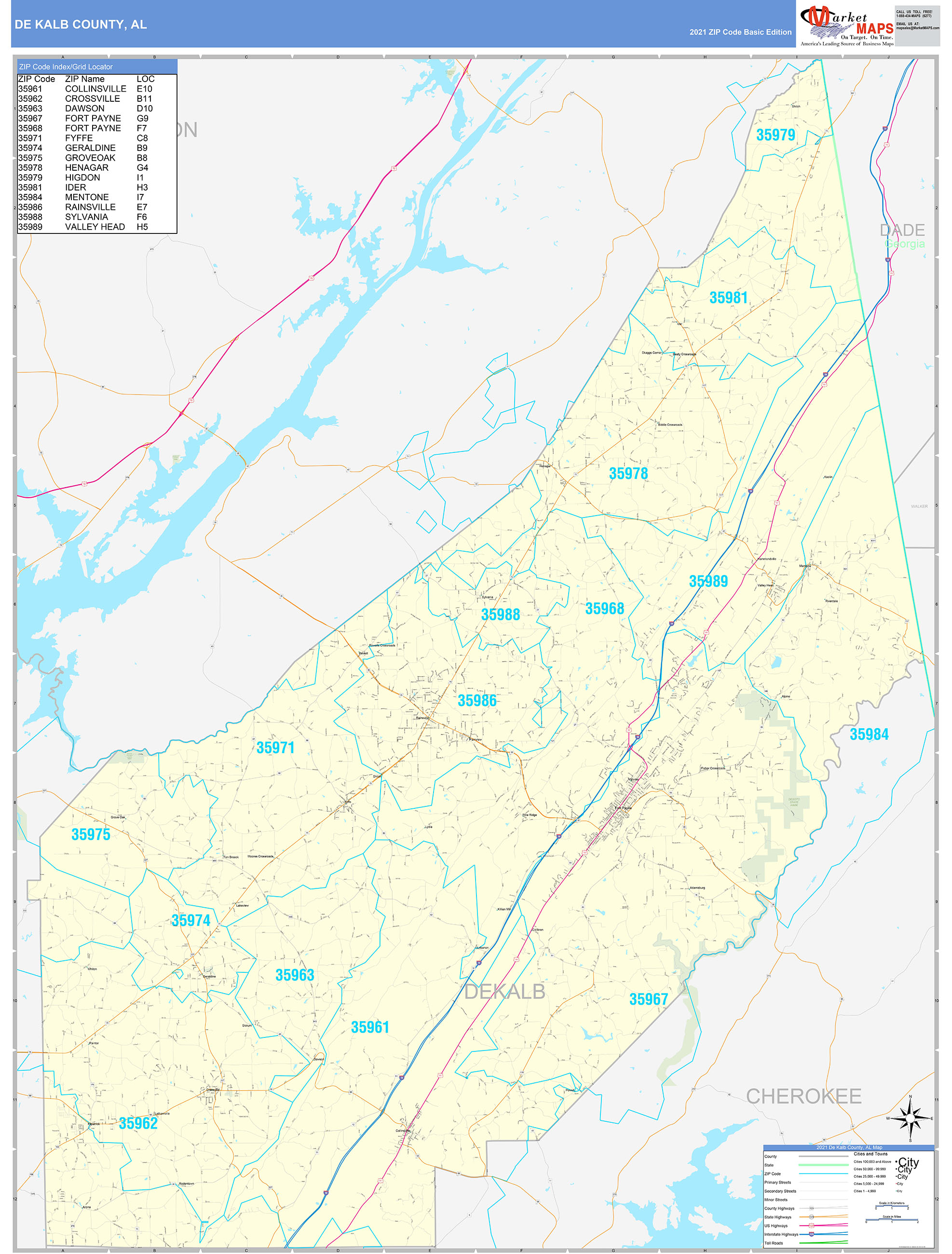 DeKalb County, AL Zip Code Wall Map Basic Style by MarketMAPS MapSales