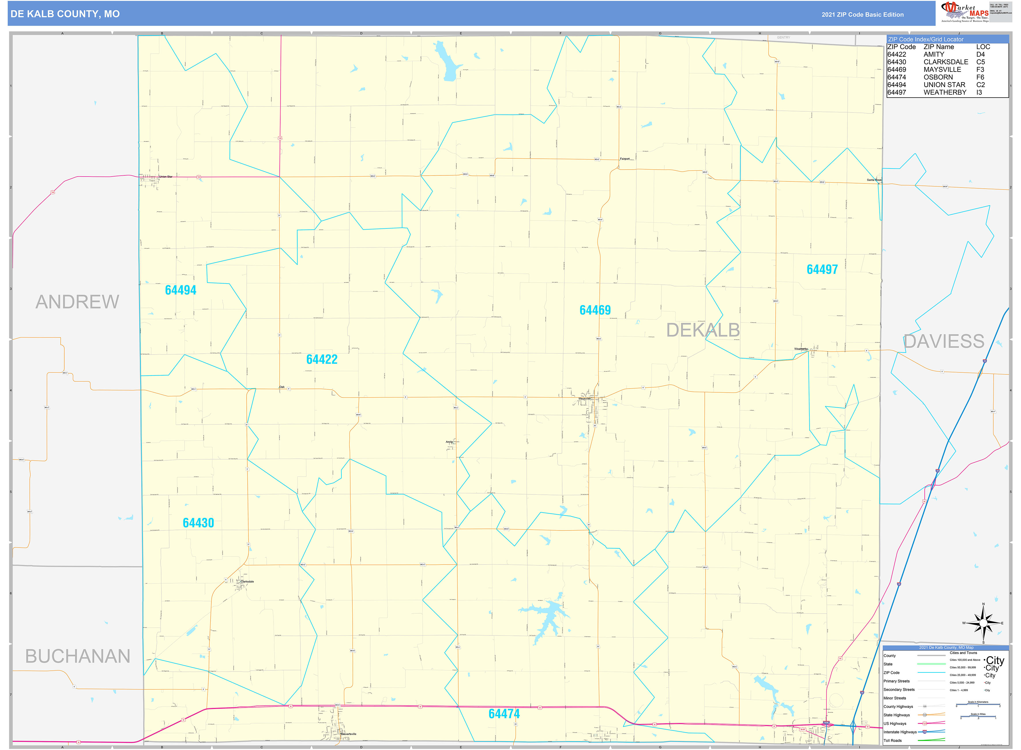 DeKalb County, MO Zip Code Wall Map Basic Style by MarketMAPS