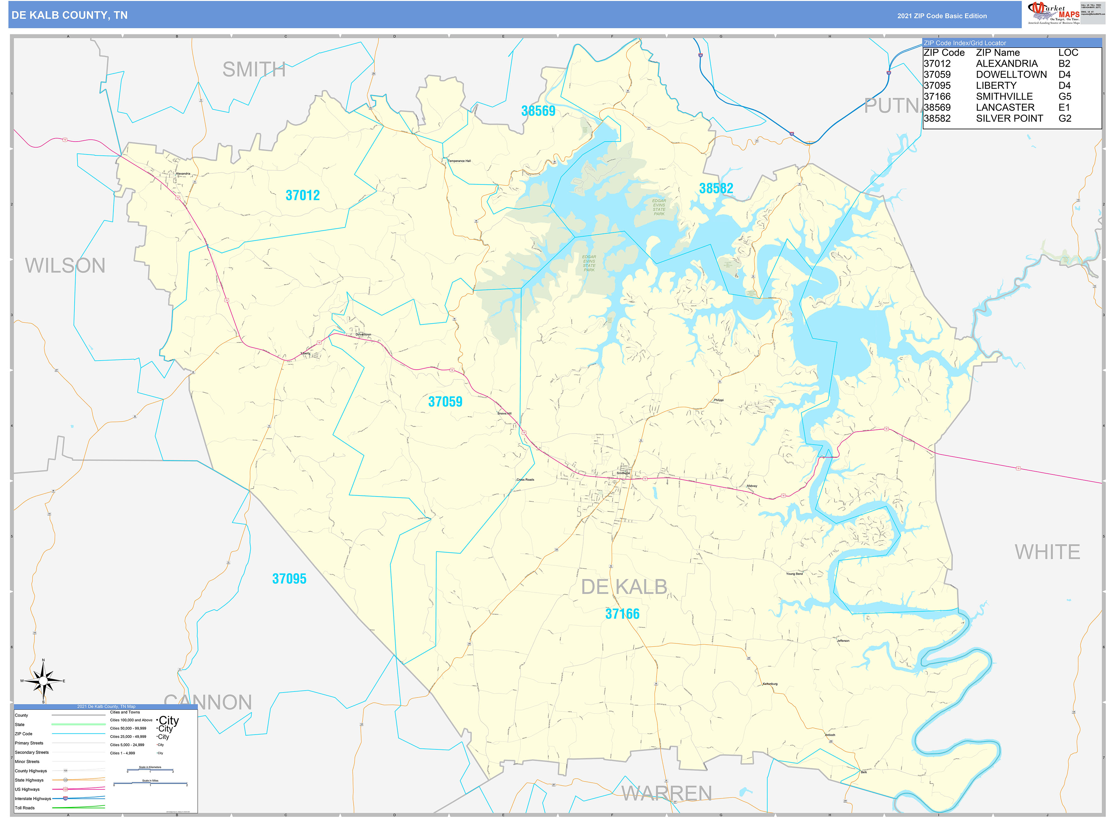 DeKalb County, TN Zip Code Wall Map Basic Style by MarketMAPS