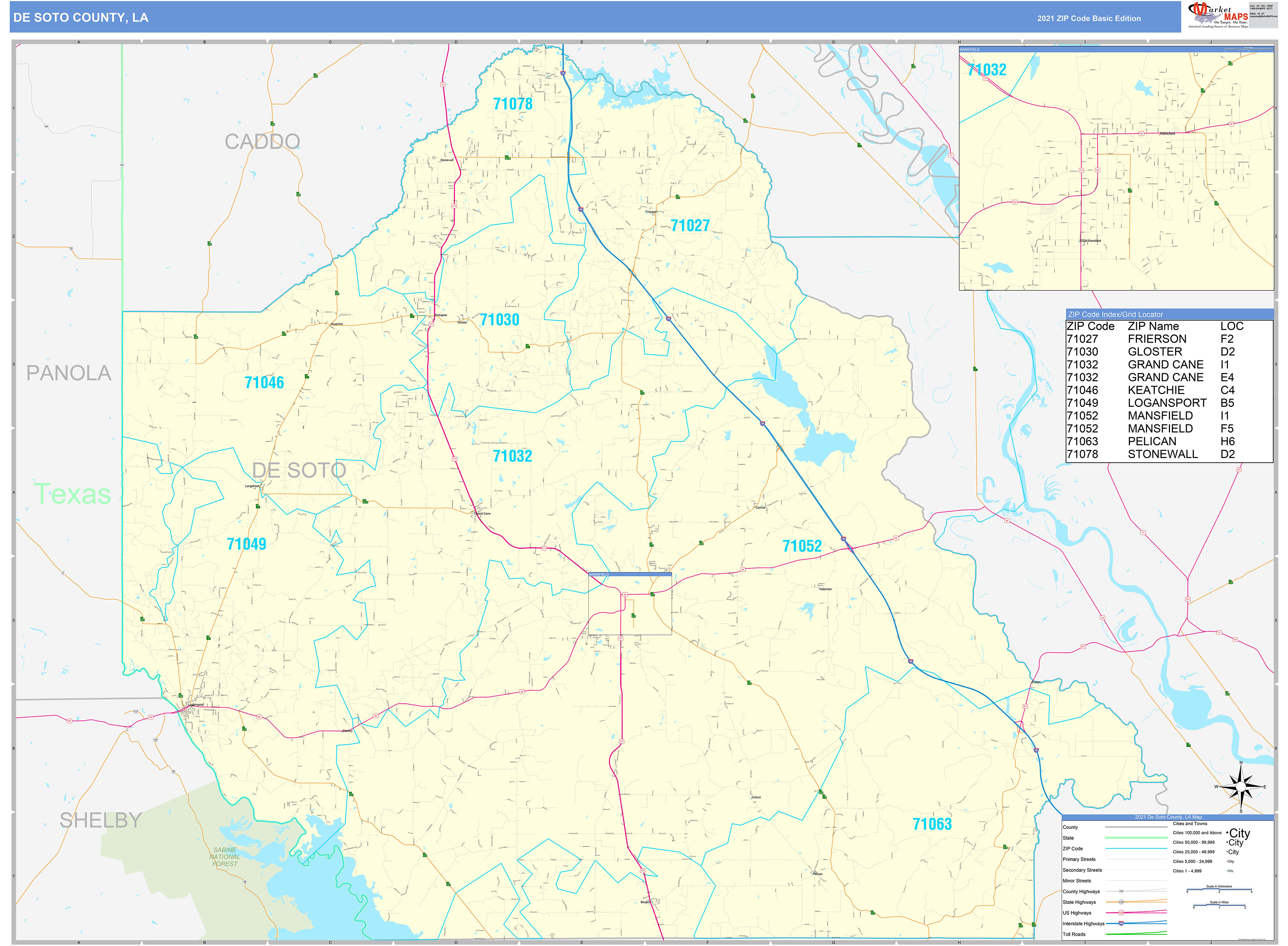 DeSoto County, LA Zip Code Wall Map Basic Style by MarketMAPS MapSales