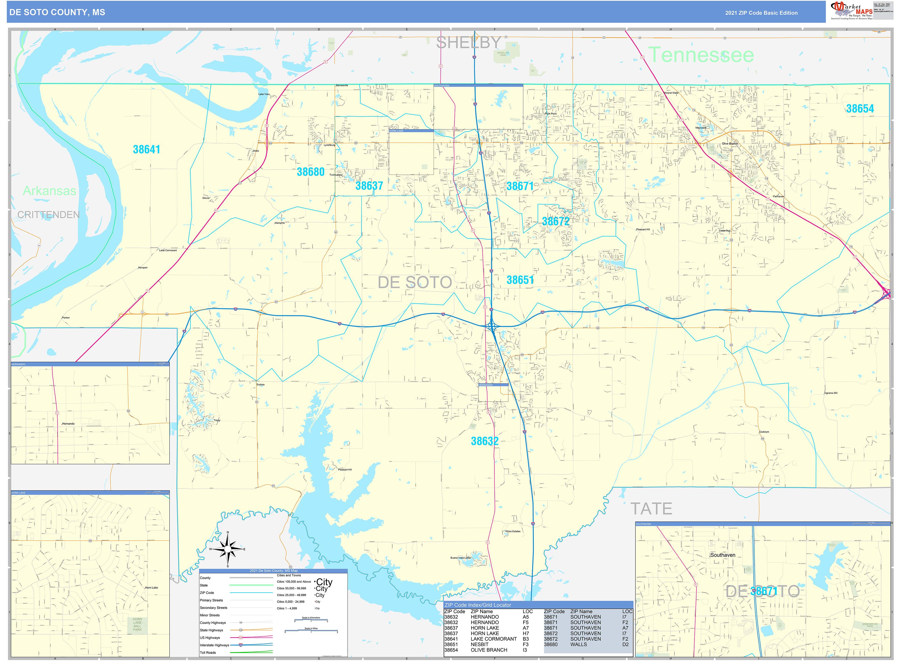 DeSoto County, MS Zip Code Wall Map Basic Style by MarketMAPS MapSales