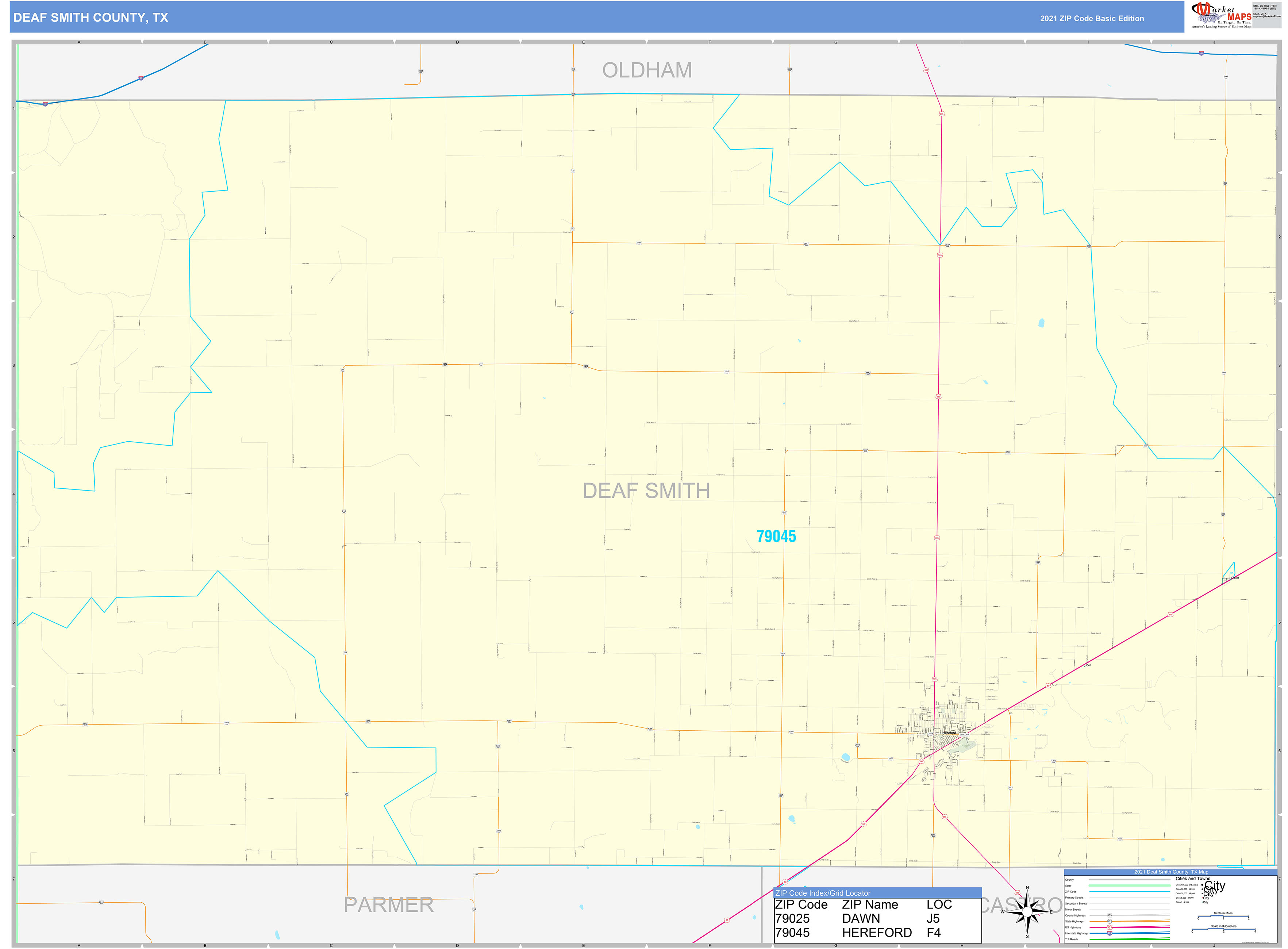 Deaf Smith County, TX Zip Code Wall Map Basic Style by MarketMAPS