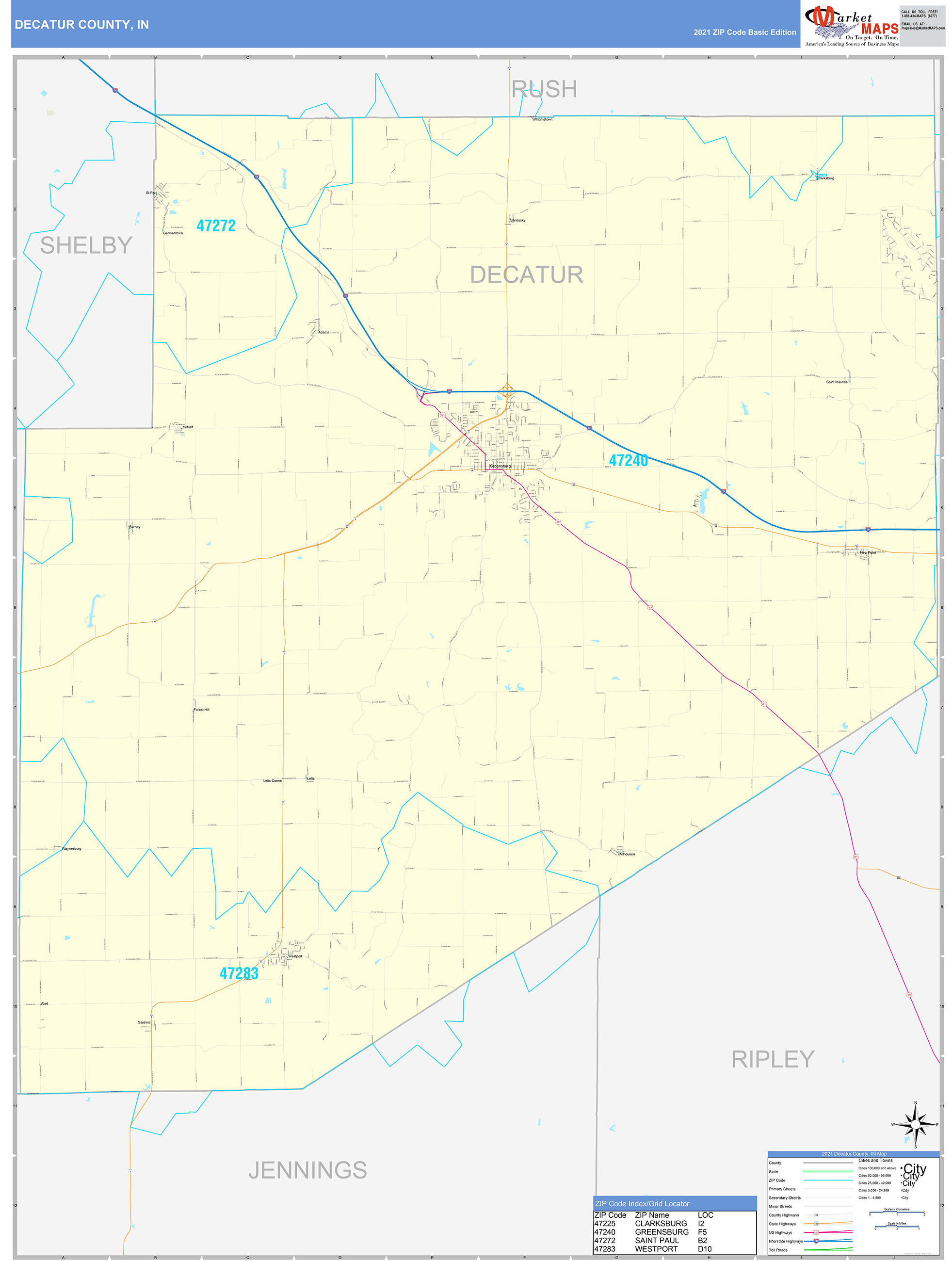 Decatur County, IN Zip Code Wall Map Basic Style by MarketMAPS