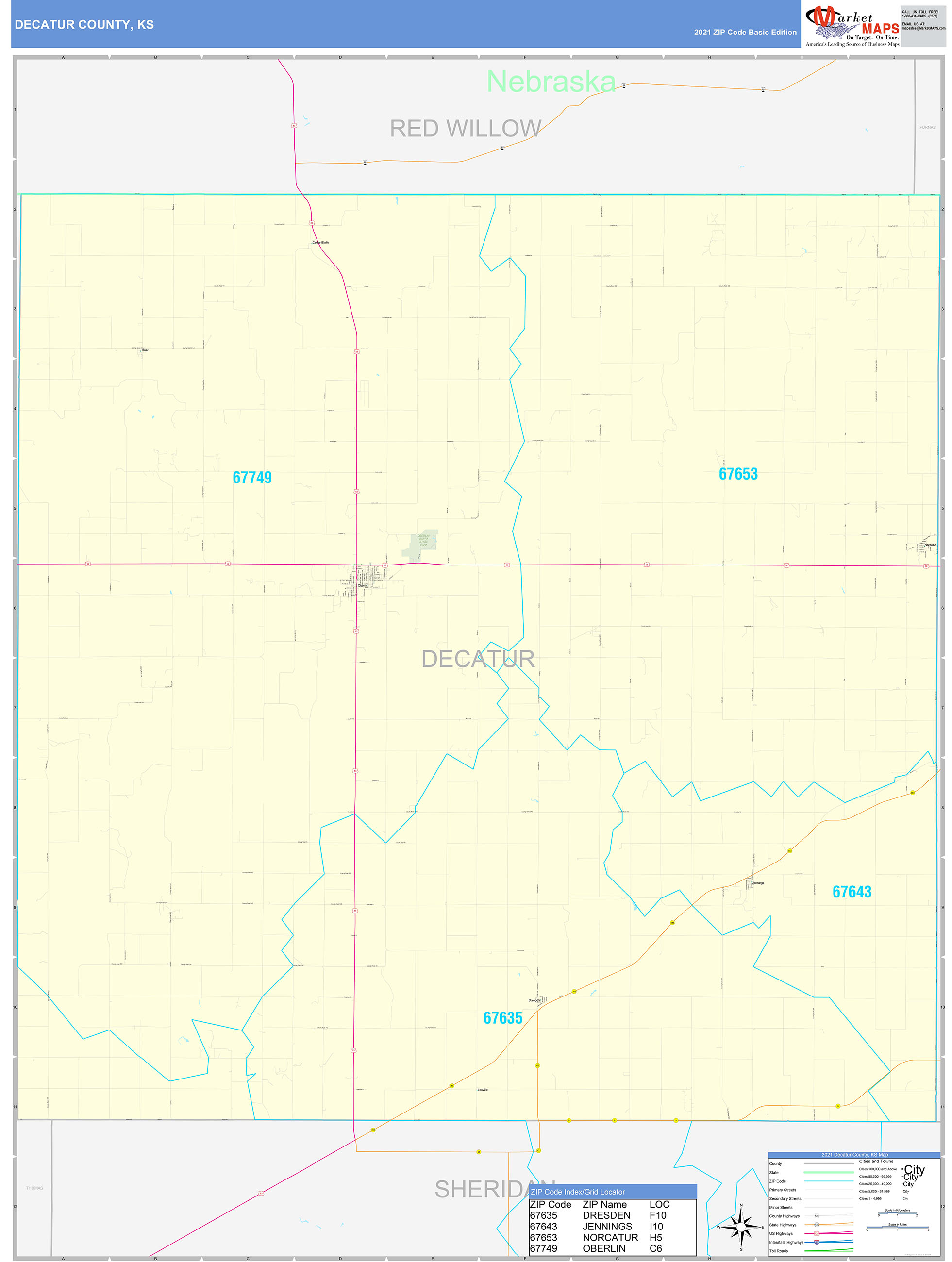 Decatur County, KS Zip Code Wall Map Basic Style by MarketMAPS